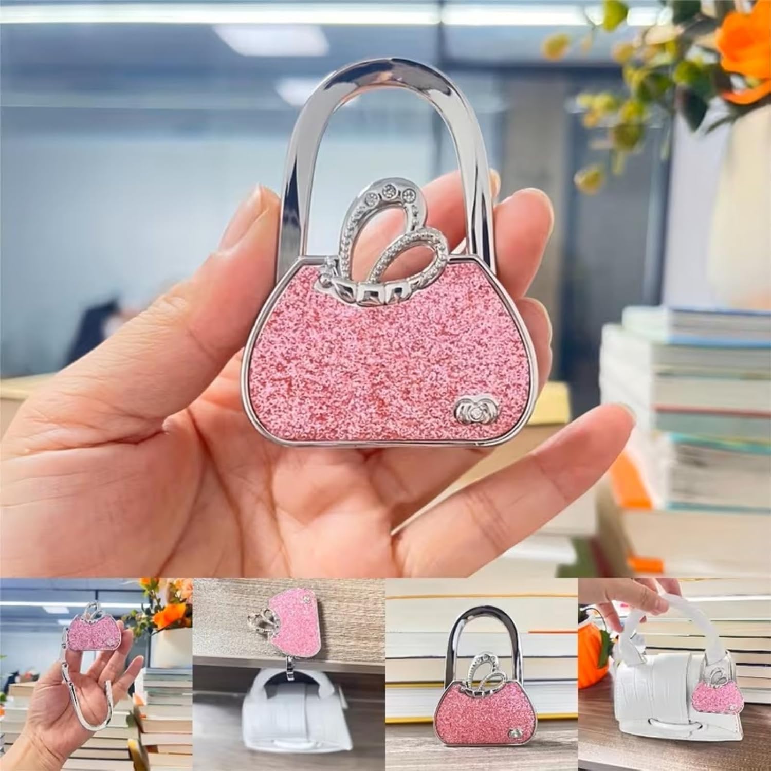Foldable Purse Hook for Table – Butterfly Flower Handbag Hanger Holder, Portable Desk Bag Hook for Women, Keep Purse Safe & Clean at Restaurant Office Bar, Unique Gifts for Her (Red + Pink)