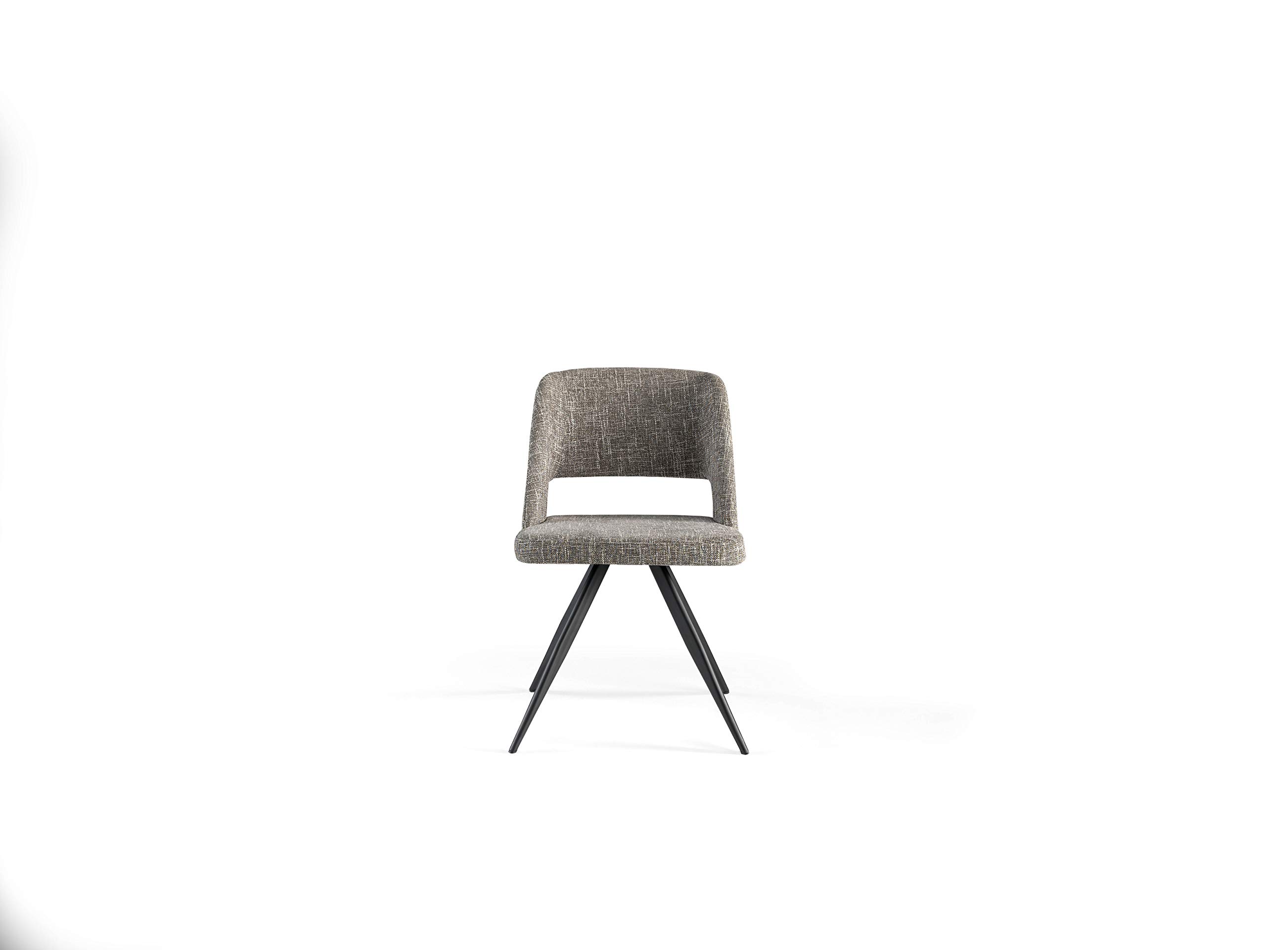 Silla comedor tapizada en tela y estructura de patas en acero epoxi pintado en color negro.