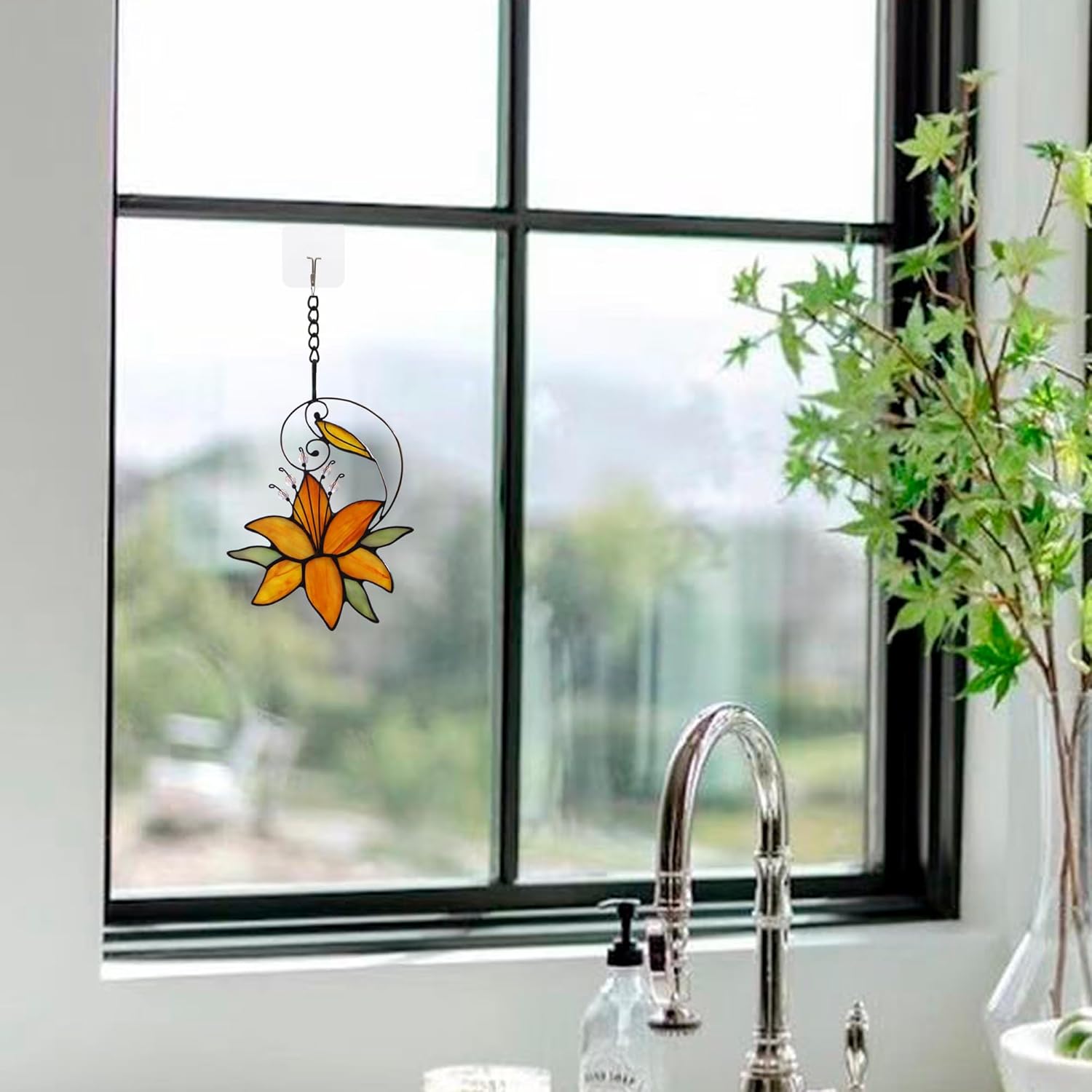 Orange Tiger Lily Flower Gift for Her Women, Love Gift Stained Glass Window Hanging Floral Suncatcher for Mother's Day Birthday, Valentine Day Gifts for Women Girlfriend