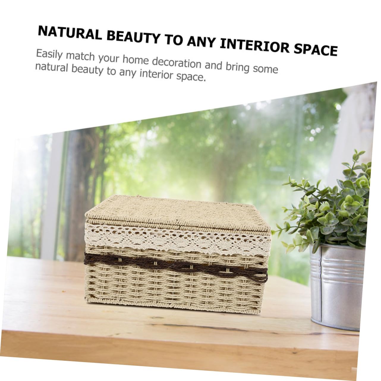 Cestino Rettangolare Intrecciato Portaoggetti Per Cosmetici Coperchio Grande Beige, Organizzatore Da Scrivania Per Oggetti e Decorazioni Casa, Per Soggiorno e Ufficio