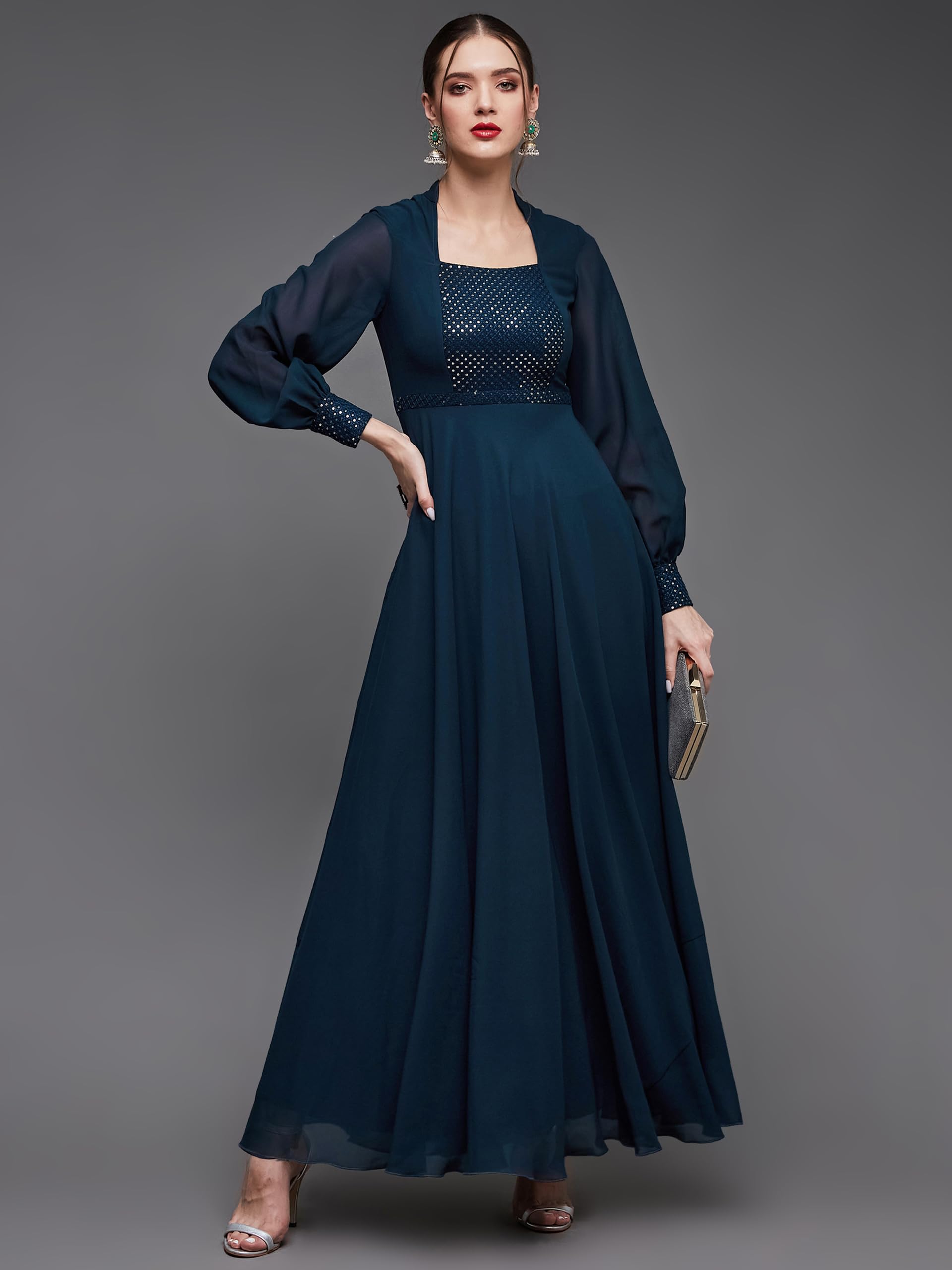 Miss Chase Maxi abito svasato da donna con scollo rotondo e maniche