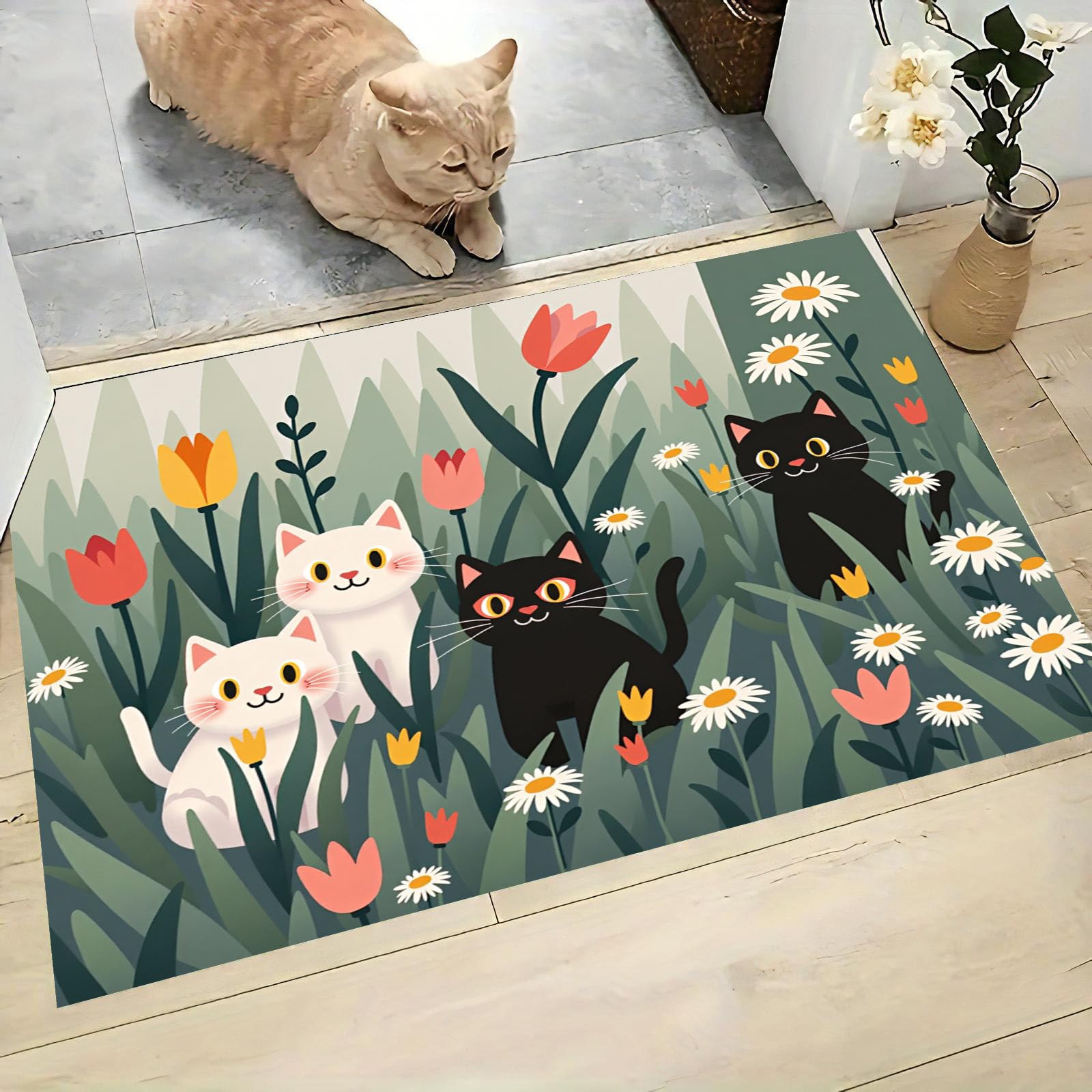 Tapis d'entrée d'intérieur chat et fleurs paillasson fin lavable 50x80cm