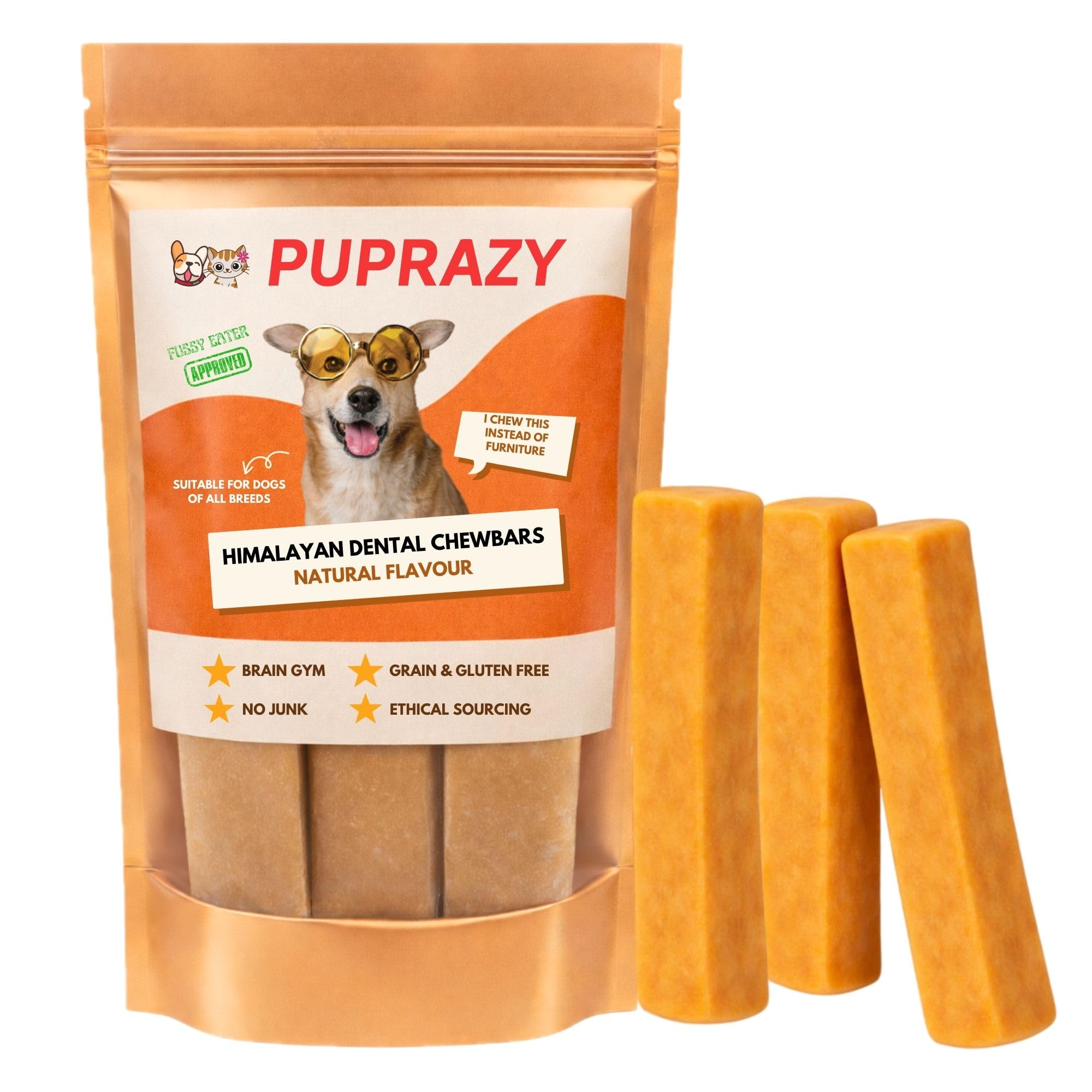 Puprazy Yak Cheese Himalayan Dog Chew Bars- Natural cheese Flavor| Clean, Long-lasting Veg Dental dog treat | upto 7 KG Dog| S(set of 3, 40g x3)