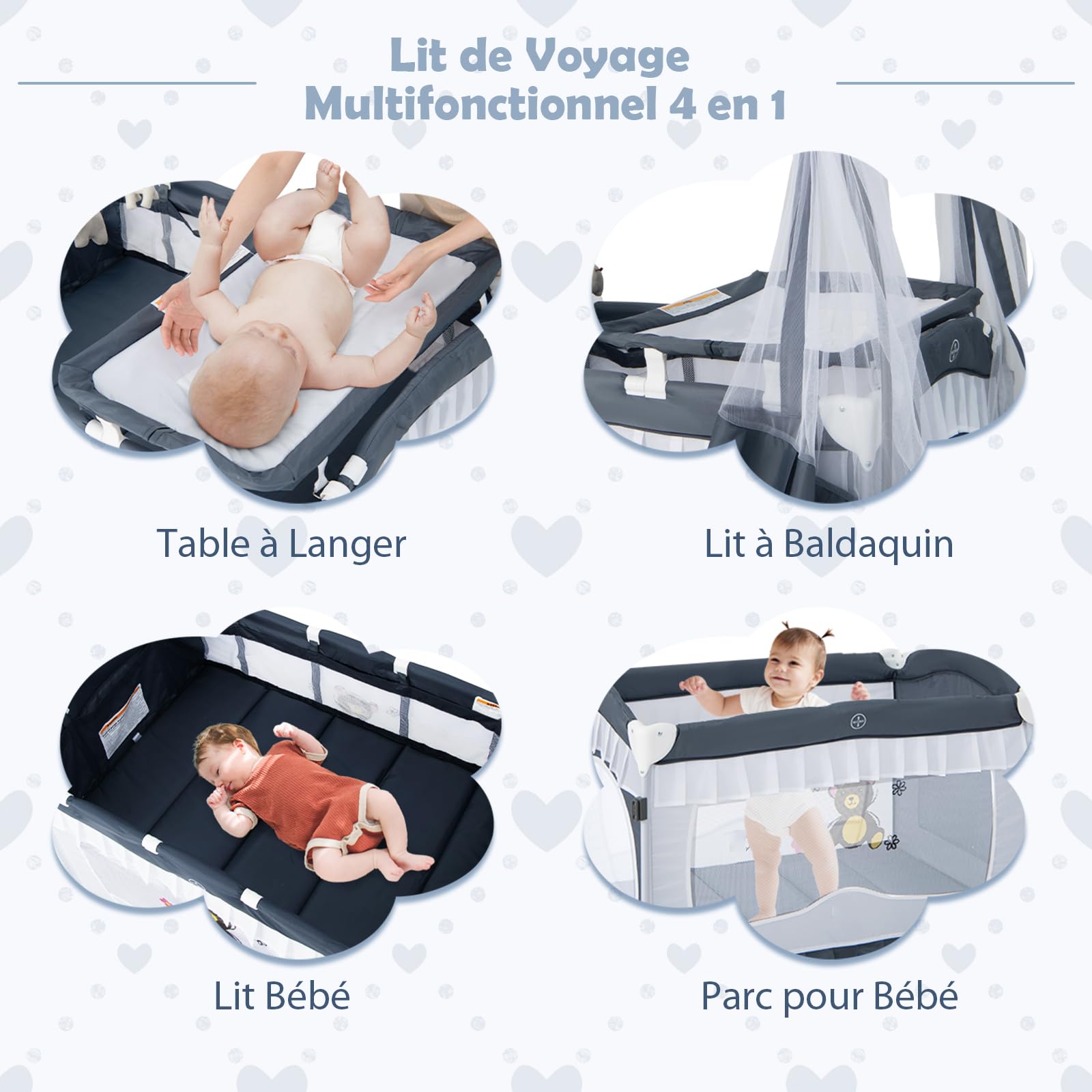 DREAMADE 4 en 1 Lit Parapluie Bébé 117X78X190CM avec Matelas&Moustiquaire,Lit de Voyage Bébé 0-3Ans avec Table à Langer,Roues avec Frein,Jouet Suspendues (Gris)