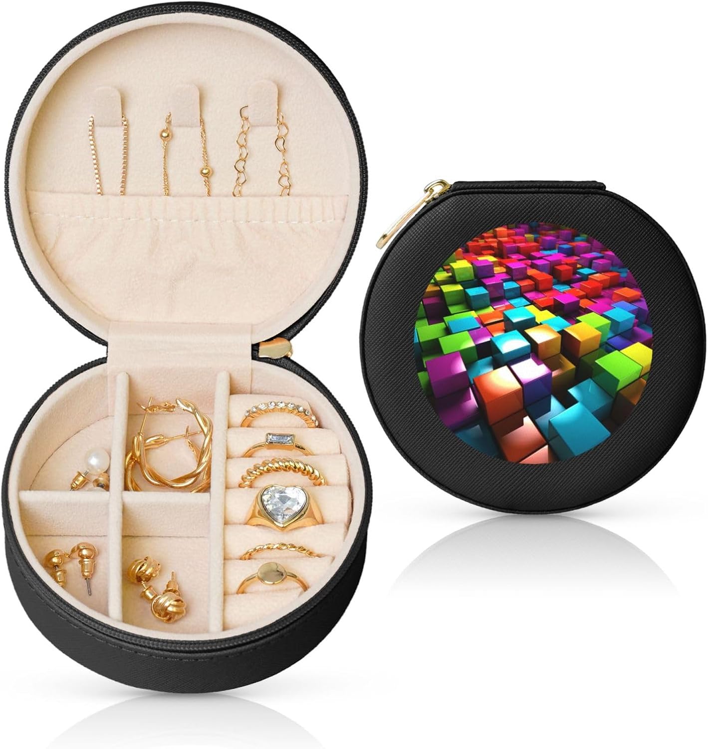 Travel Jewelry Box Leather Small Jewelry Organizer for Women,Portable Jewelry Case 3D Colorful Cubes Display Storage Holder Boxes Mini Jewelry Travel Case for Necklace Rings