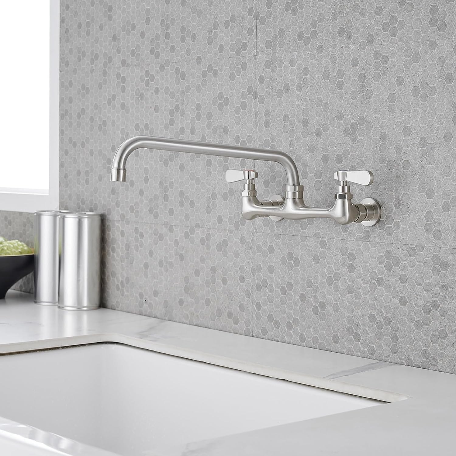 Commercial Sink Faucet Kitchen Wall Mount with 8 Inch Swivel Spout 12" Center Adjustable 2-Handle Utility Sink Faucet Laundry No Lead Mixer Tap, Brushed Nickel