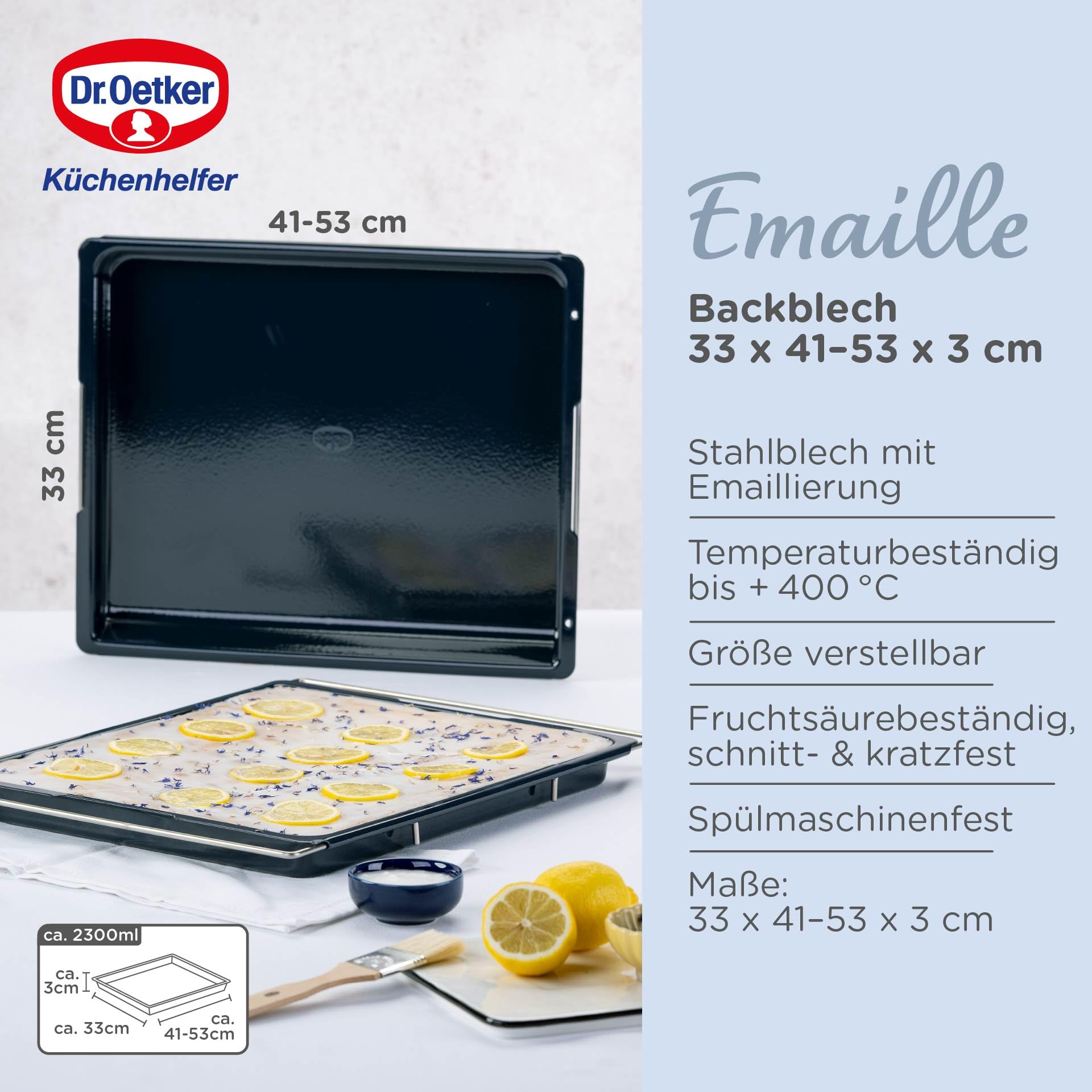 Dr. Oetker Backblech Back-Liebe Emaille – Schnitt- & kratzfestes Blech passend für jeden Backofen mit Emaille & Antihaft-Beschichtung – Verstellbares Backofenblech in Dunkelblau