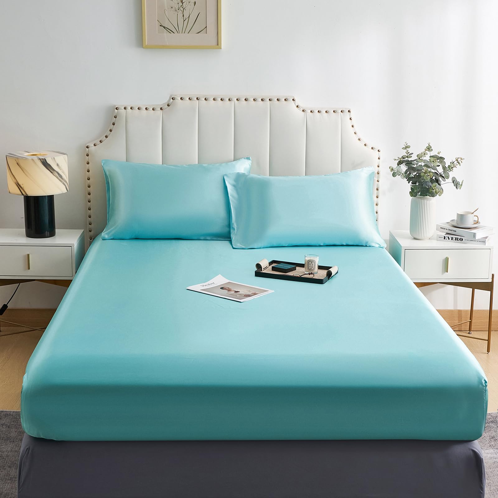 DuShow Satin Fitted Sheet Small Double 4ft,Deep Pocket Small Double Silky Bed Sheet,Soft Bottom Sheet Blue 122x190cm — image 1