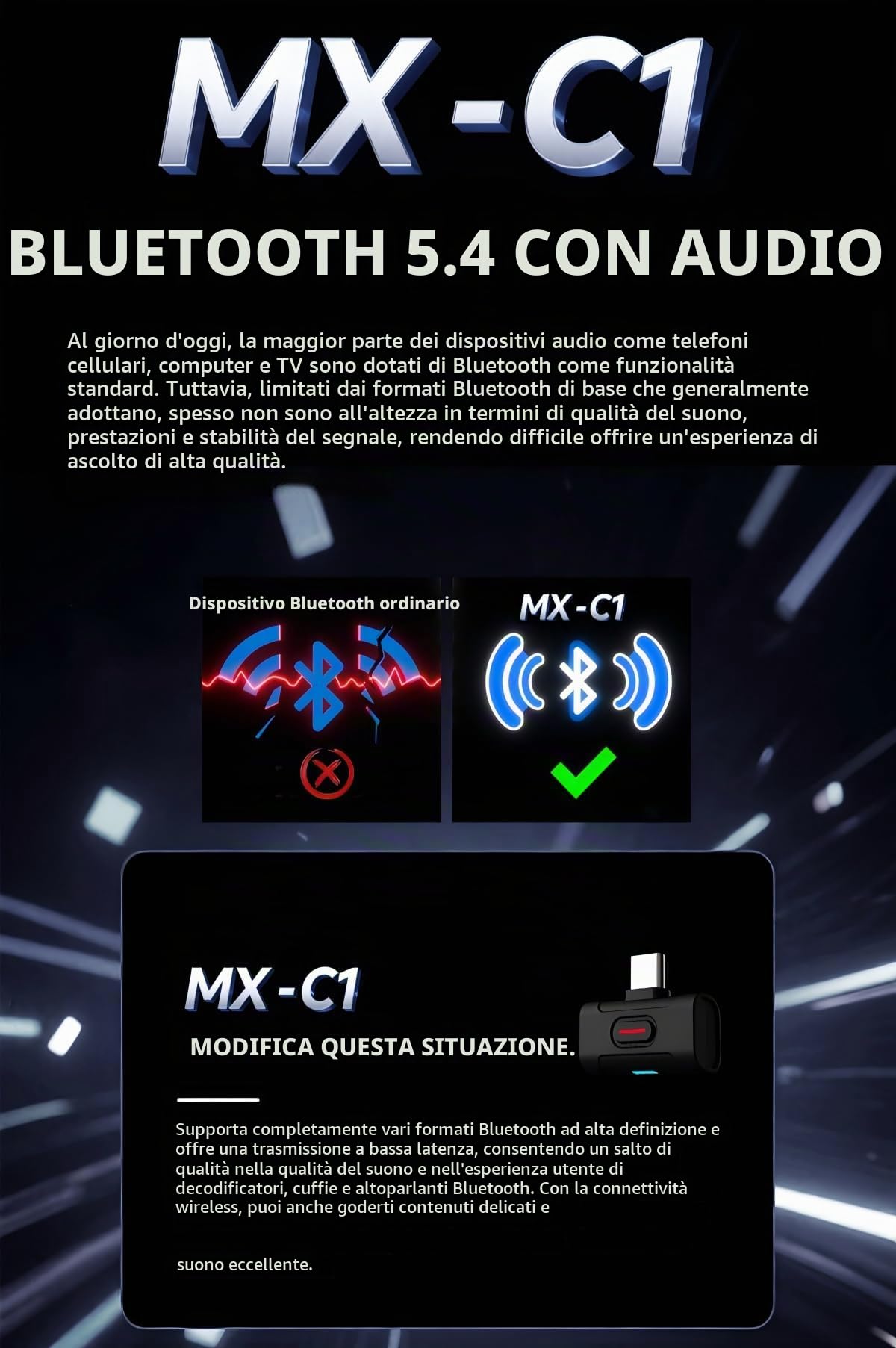 xDuoo MX-C1 Hi-Res Bluetooth 5.4 Trasmettitore USB-C - Supporta SBC/aptX/aptX HD/aptX Adaptive/LE-AUDIO/LC3/aptx Lite, adattatore Bluetooth a bassa latenza per PC/Smartphone/Tablet/PS5/Switch