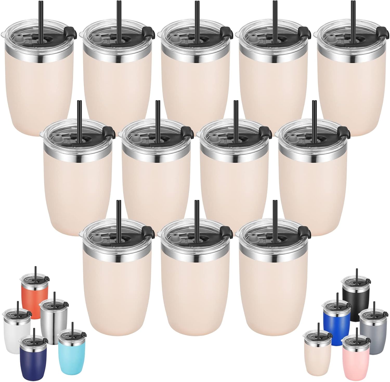 VEGOND Stainless Steel 12 oz Tumblers bulk Vacuum Insulated Double Wall Travel Tumbler with Lid and Straw Reusable Tumbler,Beige 12 pack