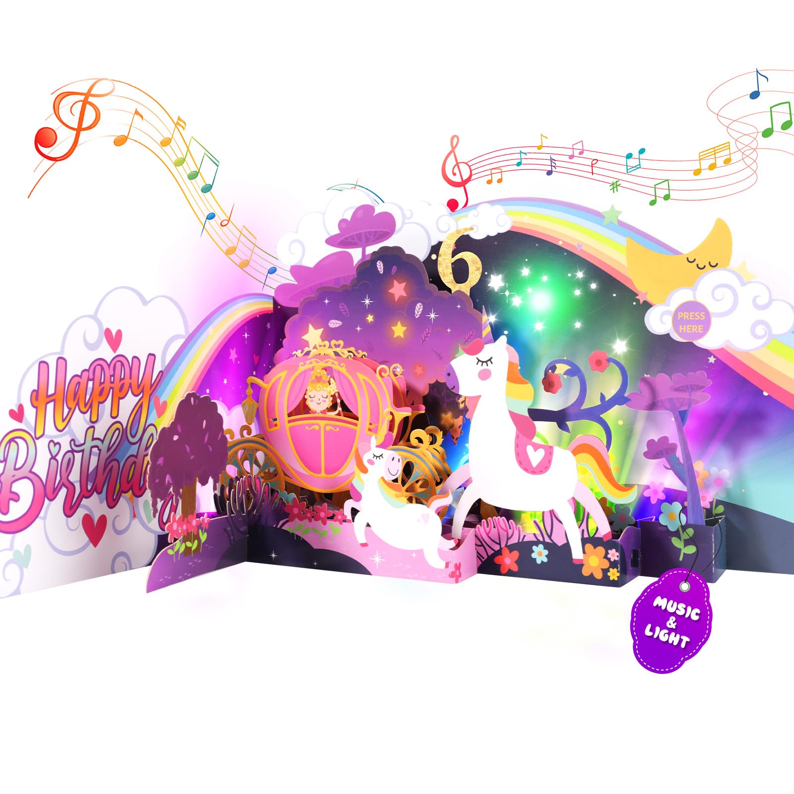 6th Birthday 3D Unicorn Musical Birthday Card with LED Lights for 6-Year-Old Girl - Pop Up Card for Girl, Daughter, Granddaughter, Niece