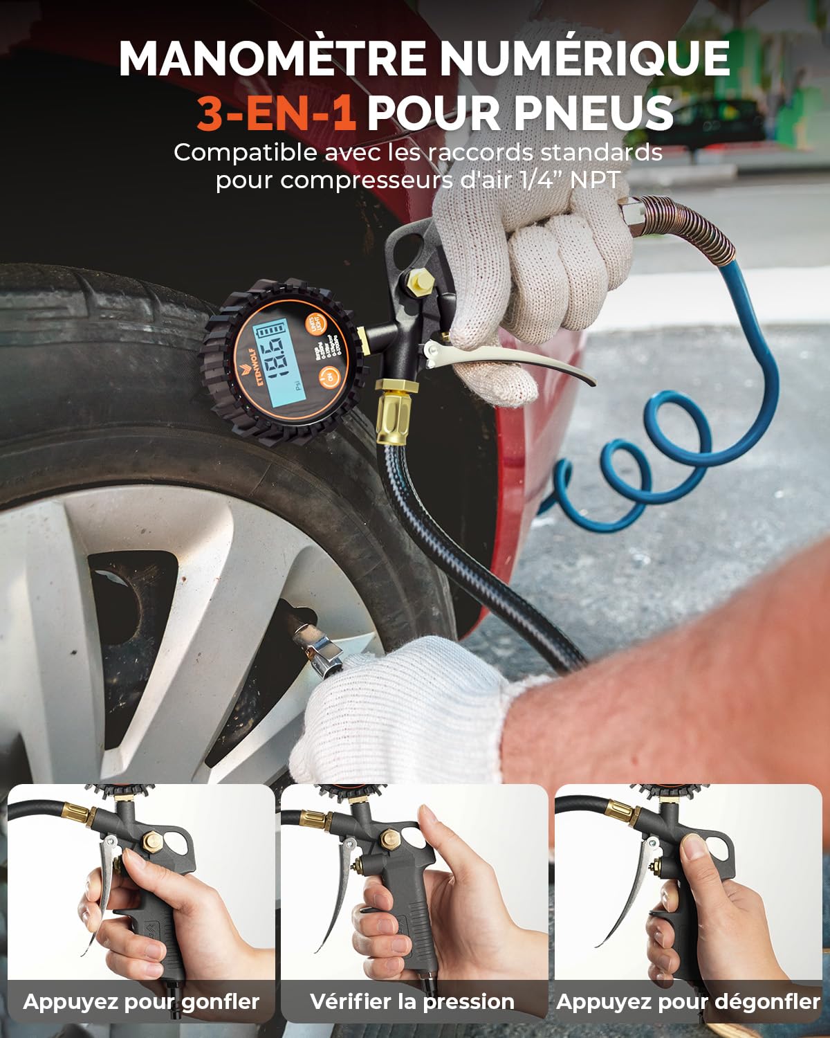 ETENWOLF T500 Manometre Pression Pneu Gonfleur Pneu, Manomètre Numérique de Pression 0-250 PSI, Pistolet de Gonflage, Embout de Gonflage et Accessoires pour Compresseur avec Sac de Rangement