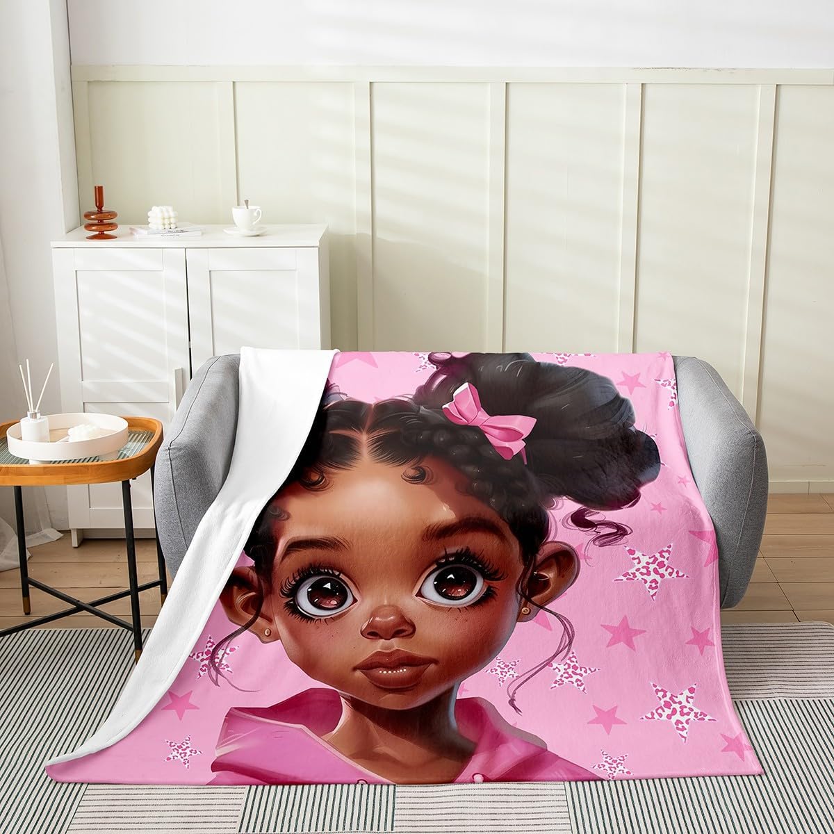 African Cute Girl Fleece Blanket,Black Skin Princess Dreamy Fairy Tale Bed Blanket for Kids Teens,Starry Moon Sky Glitter Watercolor Green Flannel Blanket for Room Decor,Queen 90"x90"