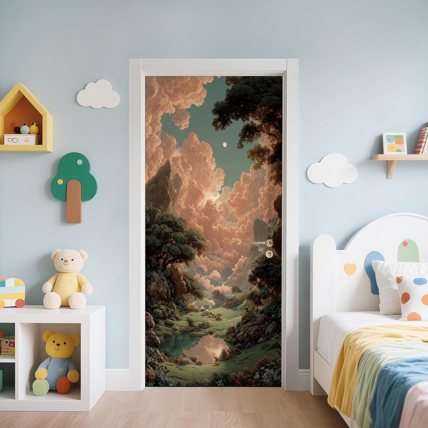 Fantasy Landscape 3D Door Stickers Forest Trees Door Murals Peel and Stick Clouds Wallpaper Self-Adhesive Removable Murals for Bedroom Living Room Decor 36"x80"