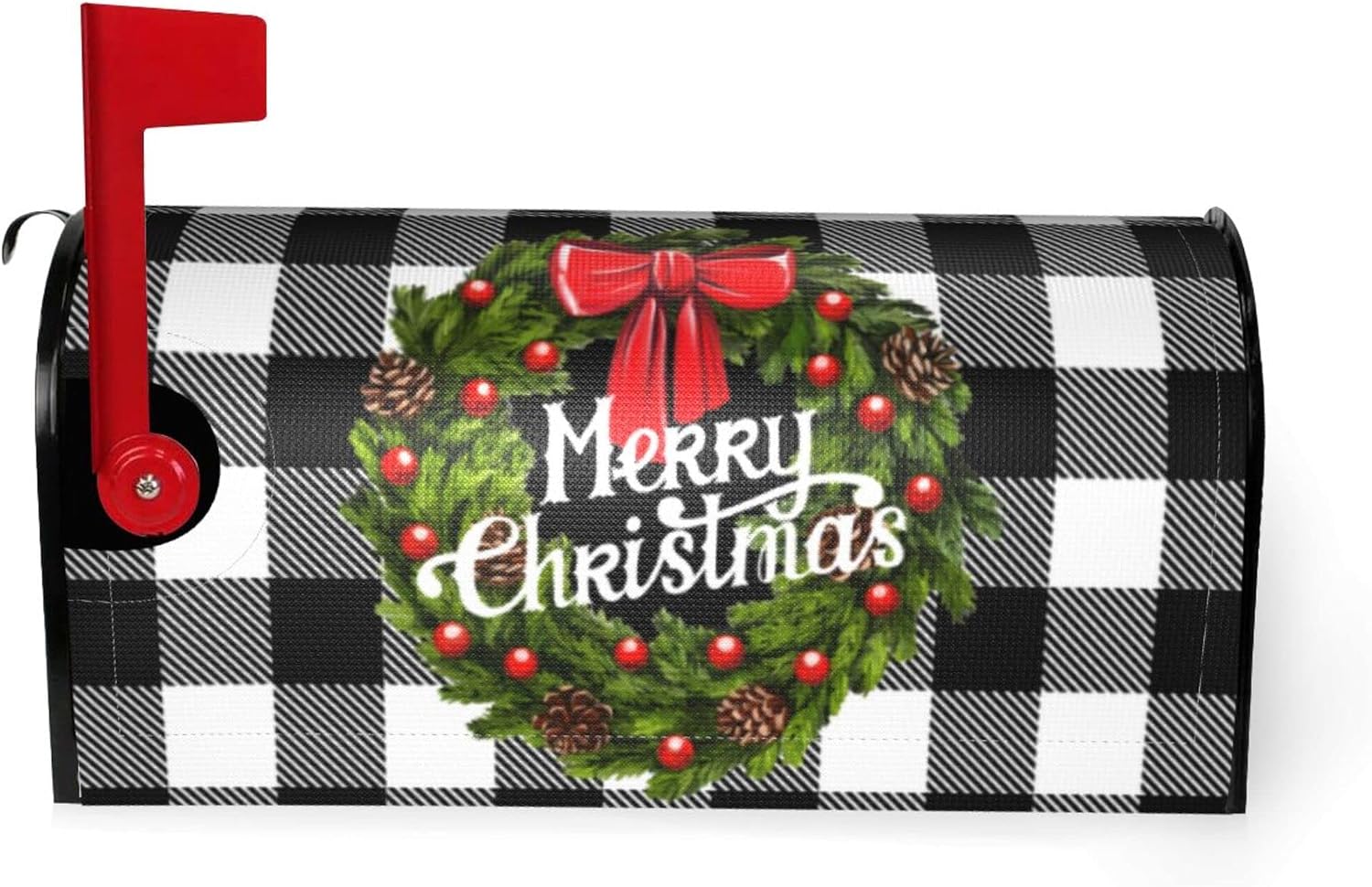 Merry Christmas Mailbox Covers Magnetic Christmas Outdoor Decorations Welcome Mailbox Wraps Buffalo Plaid Holly Wreath Post Letter Box Cover Garden Decor Standard Size 18" X 21" image 2