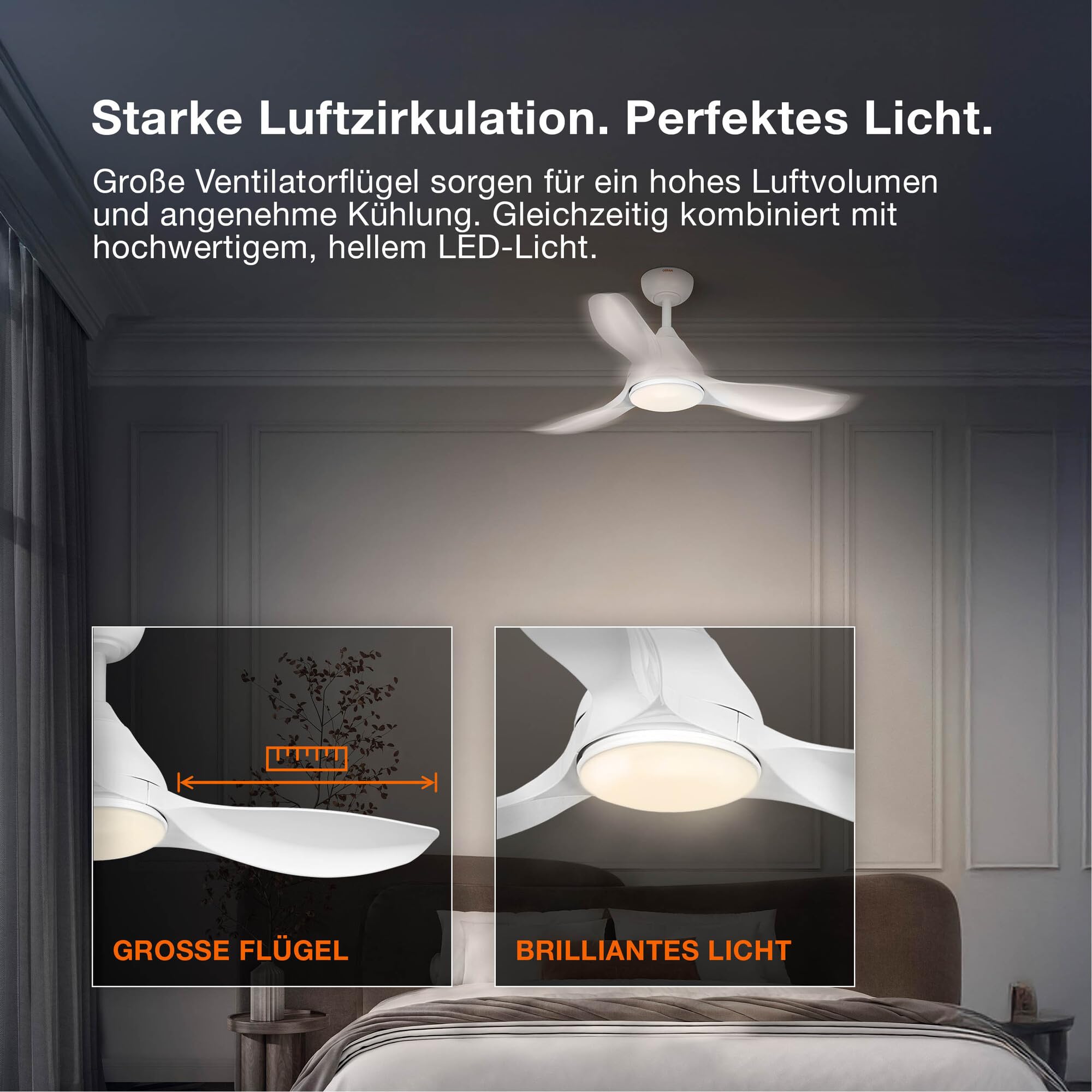 Osram LED-Deckenventilator Leste, Weiss, 21 W, 1.200 lm, 3000/4000/6500 K, 445 mm, 110 ° Abstrahlwinkel, 20.000 h Lebensdauer, IP20, dimmbar, Fernbedienung enthalten