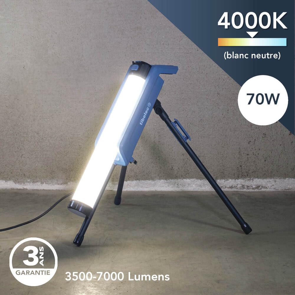Projecteur tour LED de chantier filaire sur pied 70W, 3500 ou 7000 lm, IP65, IK07, 4000K, avec prise - Tibelec