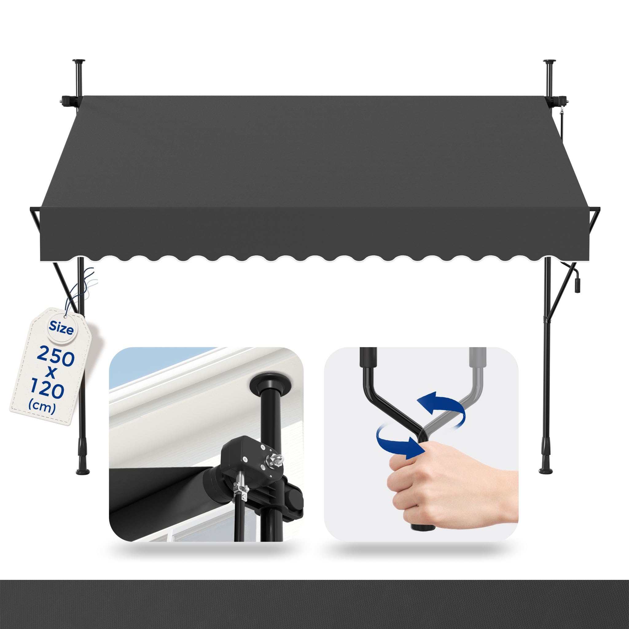 Froadp Markiza Zaciskowa Rozkładana Ręcznie Sunshade Balkon Bez Wiercenia Regulacja Wysokości Markiza z Ramieniem Przegubowym i Korbą Ręczną na Taras Ogrodowy (250x120cm, Antracyt)