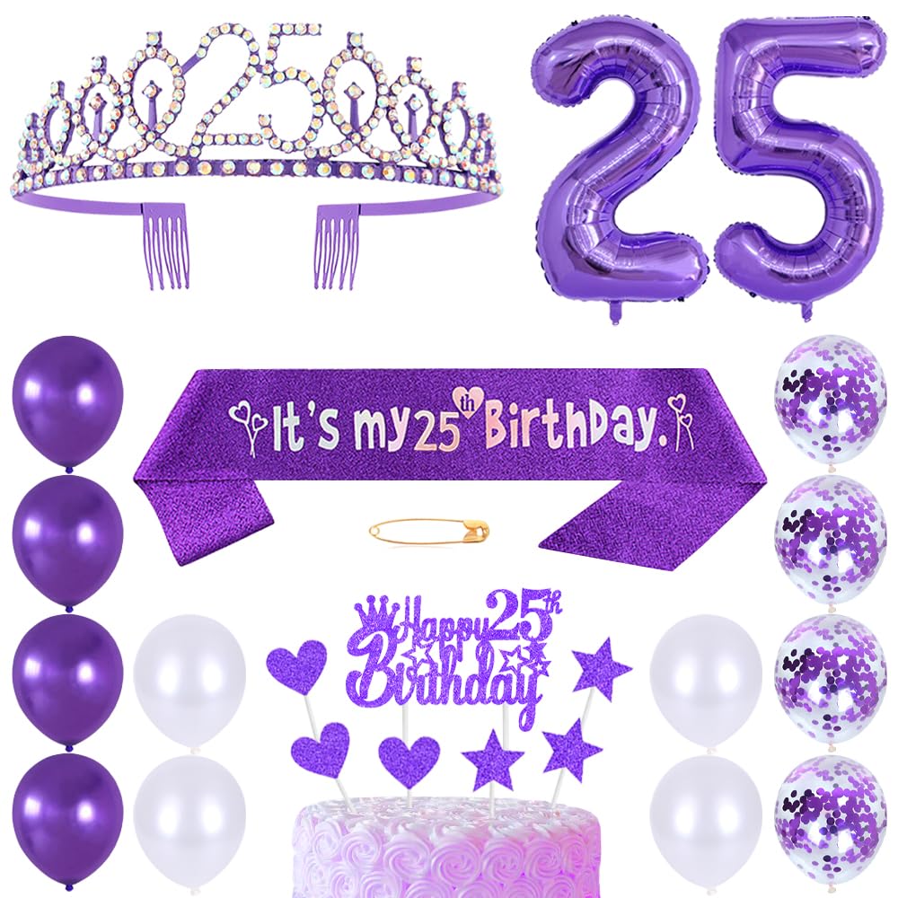 Photo 1 of 25th Birthday Sash Princess Crown Queen Tiara Rhinestone Headbands Cake Toppers Number 25 Helium Balloons Purple Latex Balloon 25 Birthday Decoration for Women 25 Year Old Birthday Party Supplies