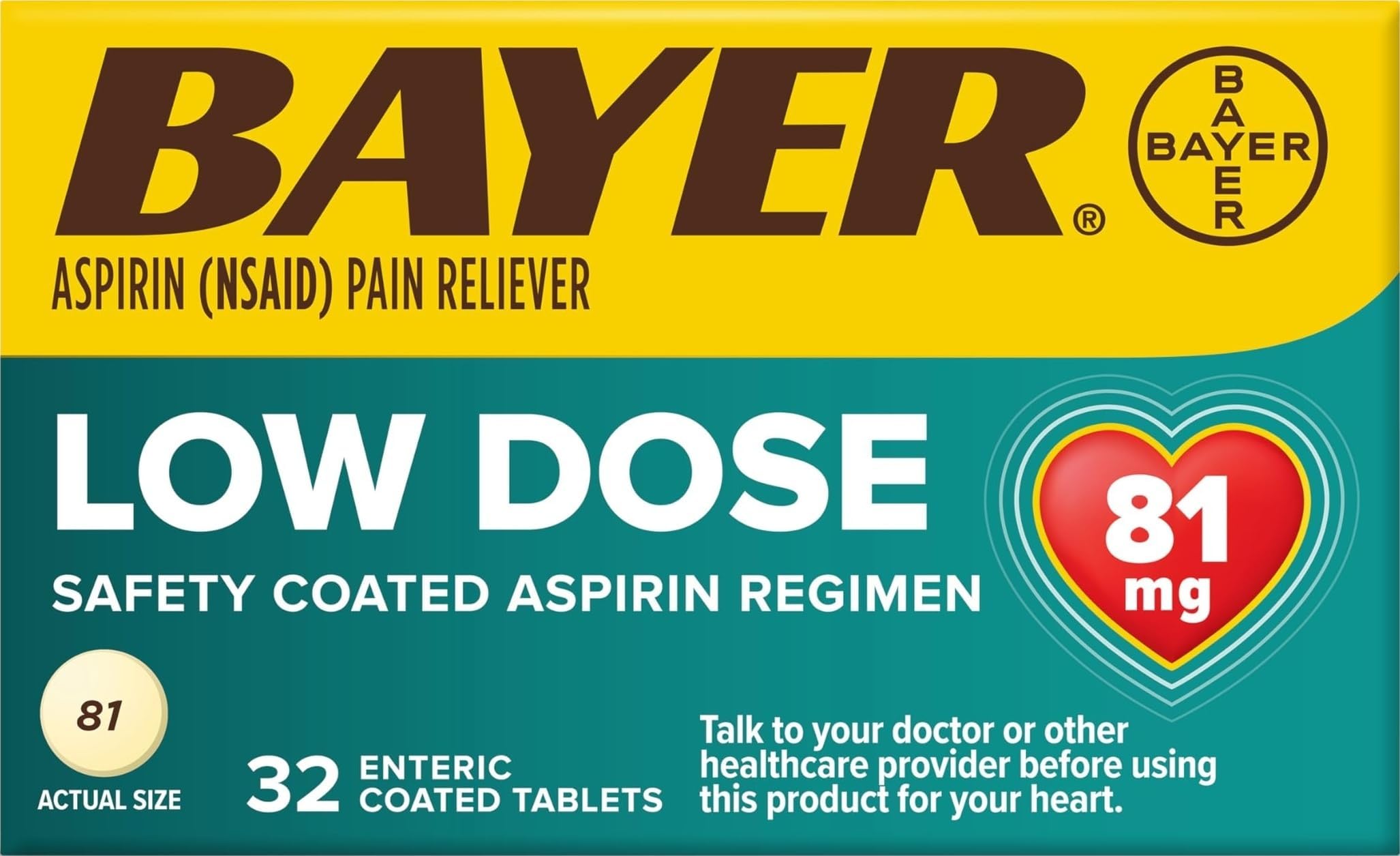 Bayer Aspirin Low Dose 81 mg, Enteric Coated Tablets, Doctor Recommended, Secondary Prevention of Cardiovascular Disease, 32 Safety Coated Tablets