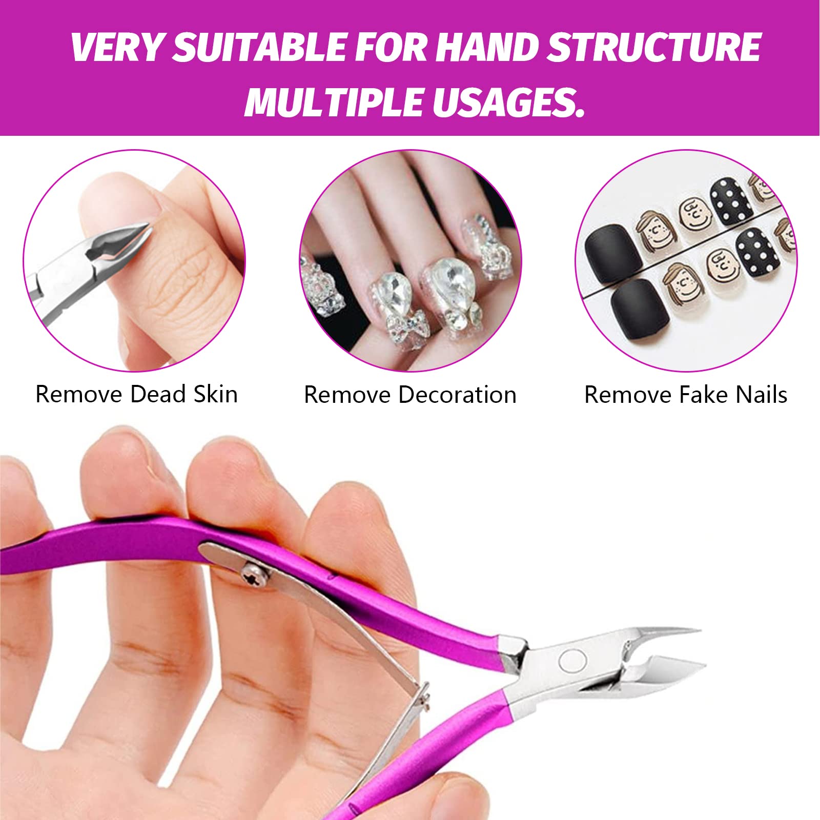 4 Piezas Corta Cuticulas Empujador de Cuticulas, Alicate para Cutículas y Herramienta de Cortador de Cutículas, Pinza de Cutículas Removedor de Cuticulas para Las Uñas de Dedos,Púrpura.