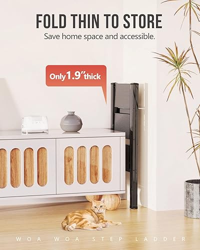 Miniatura 4 de WOA WOA Escalera plegable de 3 escalones, ligera y portátil de 3 peldaños con pedal antideslizante, escalera de aluminio, taburete para oficina,