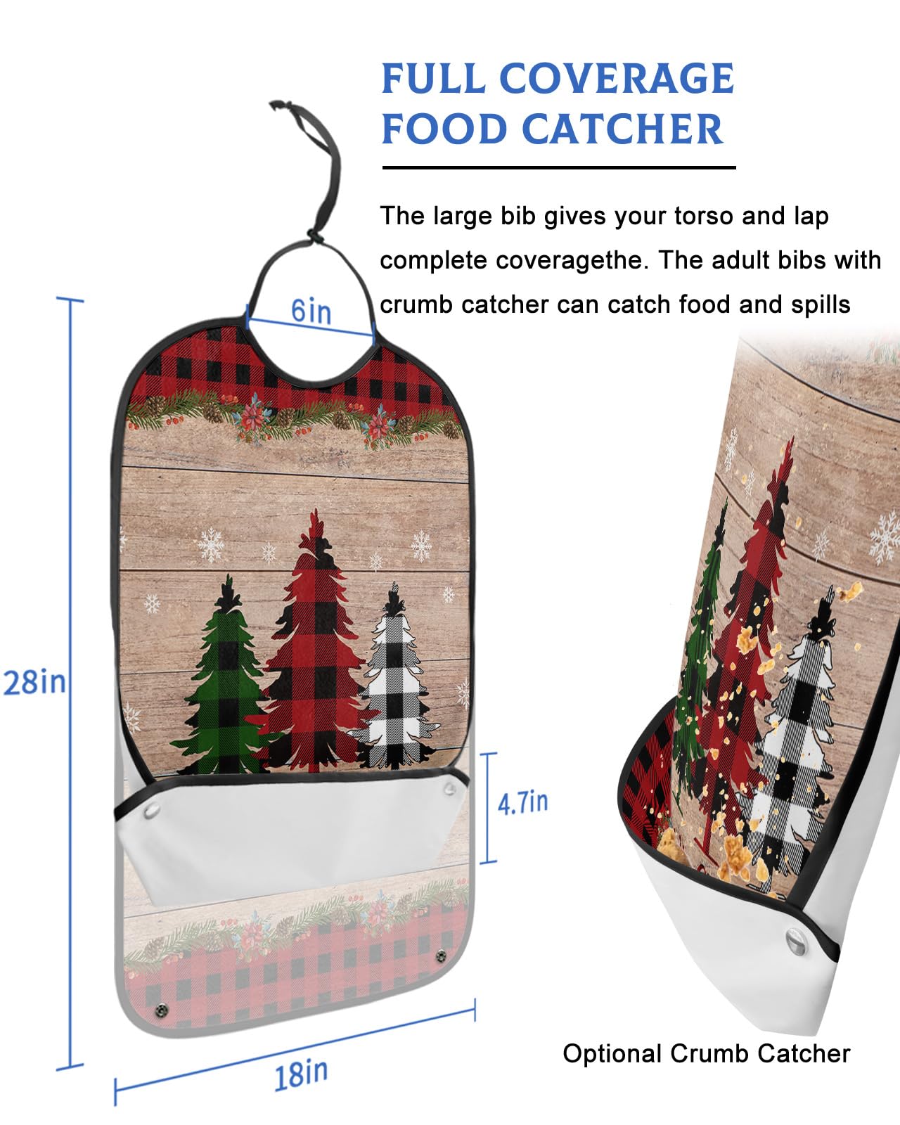 Christmas Tree Adult Bibs for Eating, Waterproof Bibs with Food Catcher & Adjustable Snap Closure, Red Checkered Vintage Wood Snowflake Poinsettia Clothing Protectors Adult Bibs for Elderly Women/Men