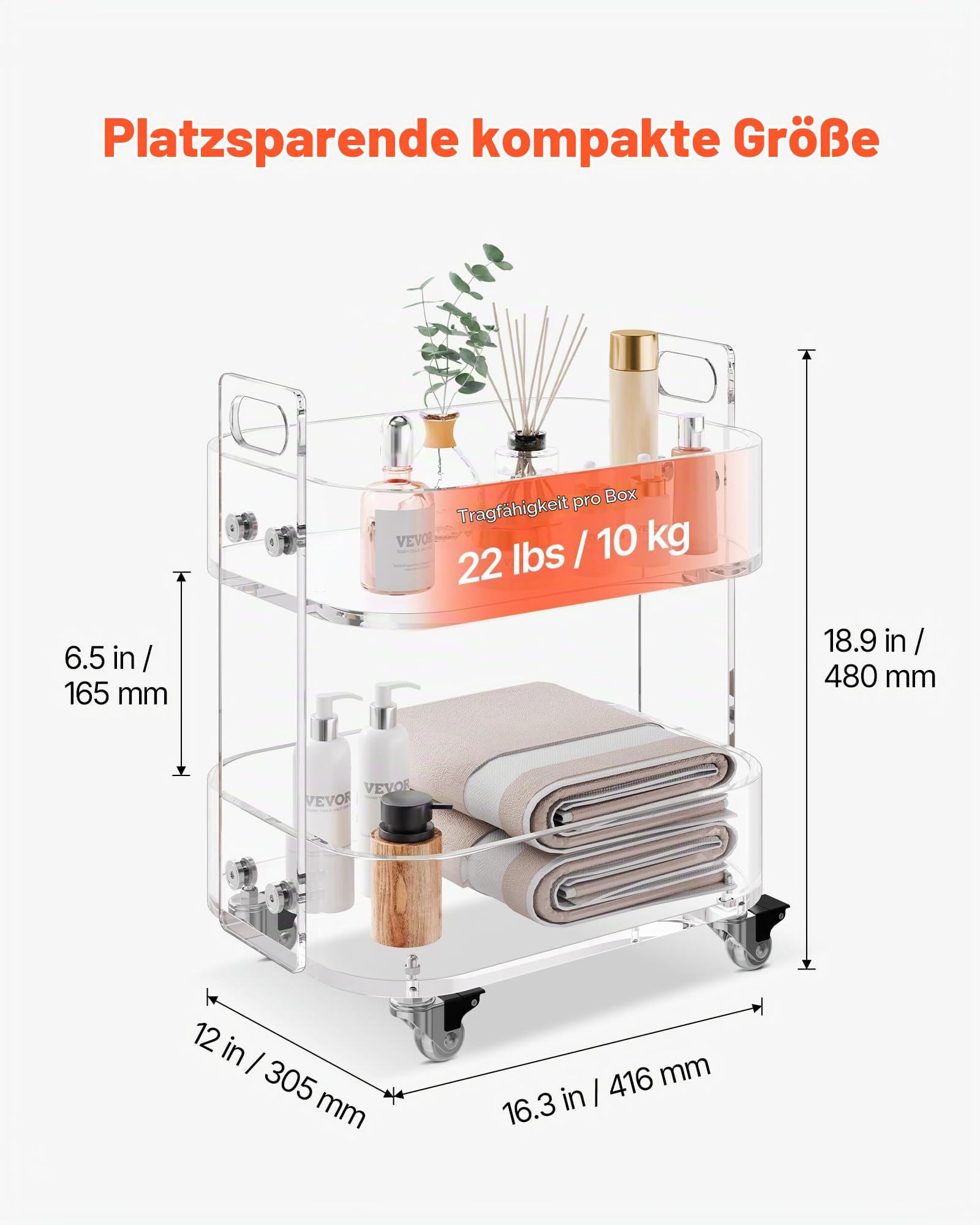 VEVOR Rollwagen Servierwagen 2-stufiger mobiler Beistellwagen, moderner rollender Acrylwagen mit Stauraum, transparenter Nachtwagen als Beistelltisch, für Wohnzimmer Schlafzimmer Bar Büro