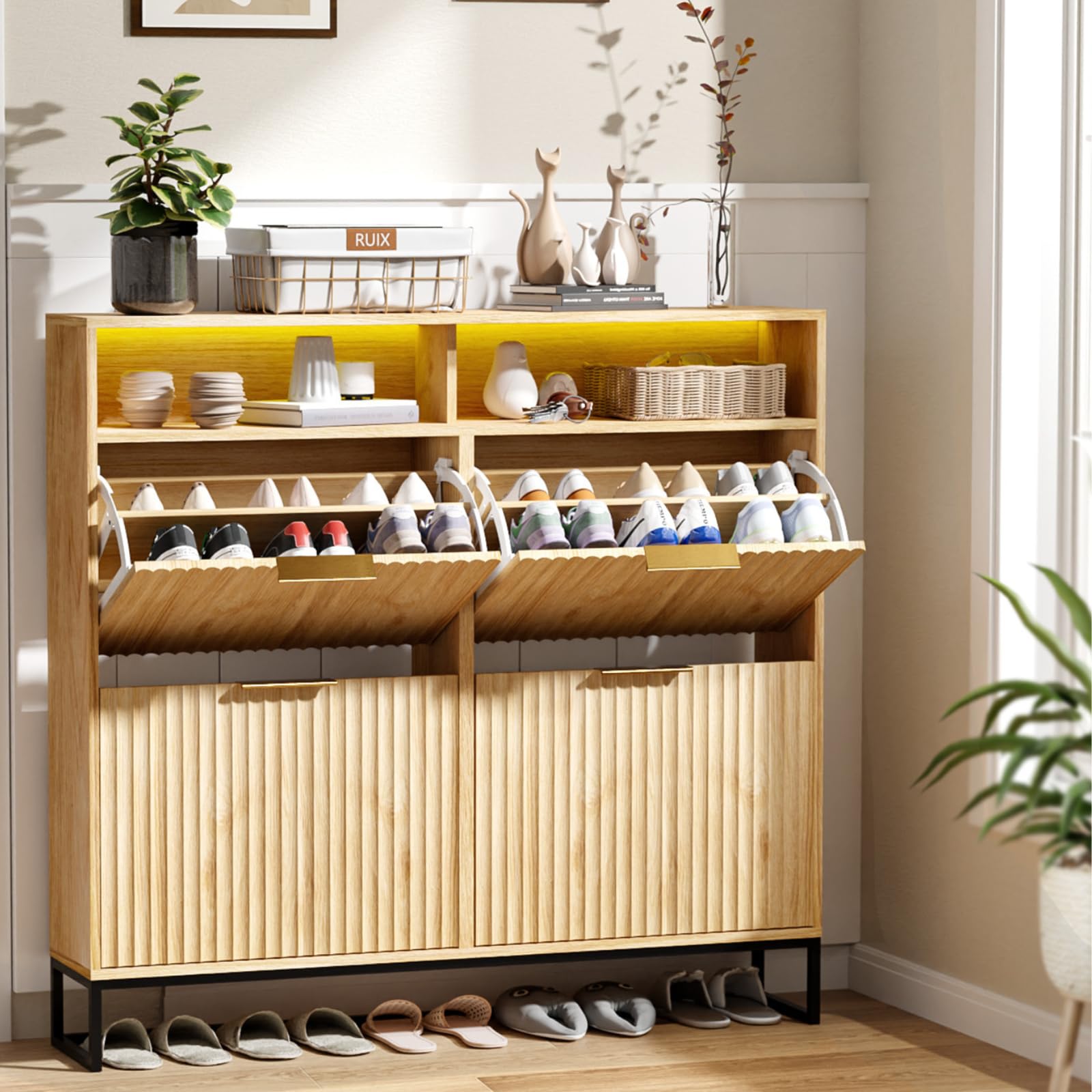 VINGLI Fluted Shoe Cabinet Storage for Entryway,Hidden Shoes Storage Cabinet with 4 Flip Drawers, Mid Century Modern Shoe Rack with LED Light,Shoes