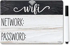 Aesthetic WiFi Password Sign Fridge Magnet, Rustic Wifi Sign for Guests with Marker & 2 Stickers, Portable Wi fi Password Signs for Home, Magnetic Black & White Wood Signs for Refrigerator, 6.5x4.5