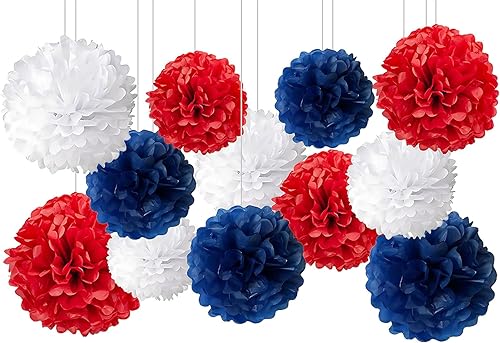 12 pompones de papel de seda para colgar, color rojo, blanco y azul, flores para decoración de fiestas en el techo