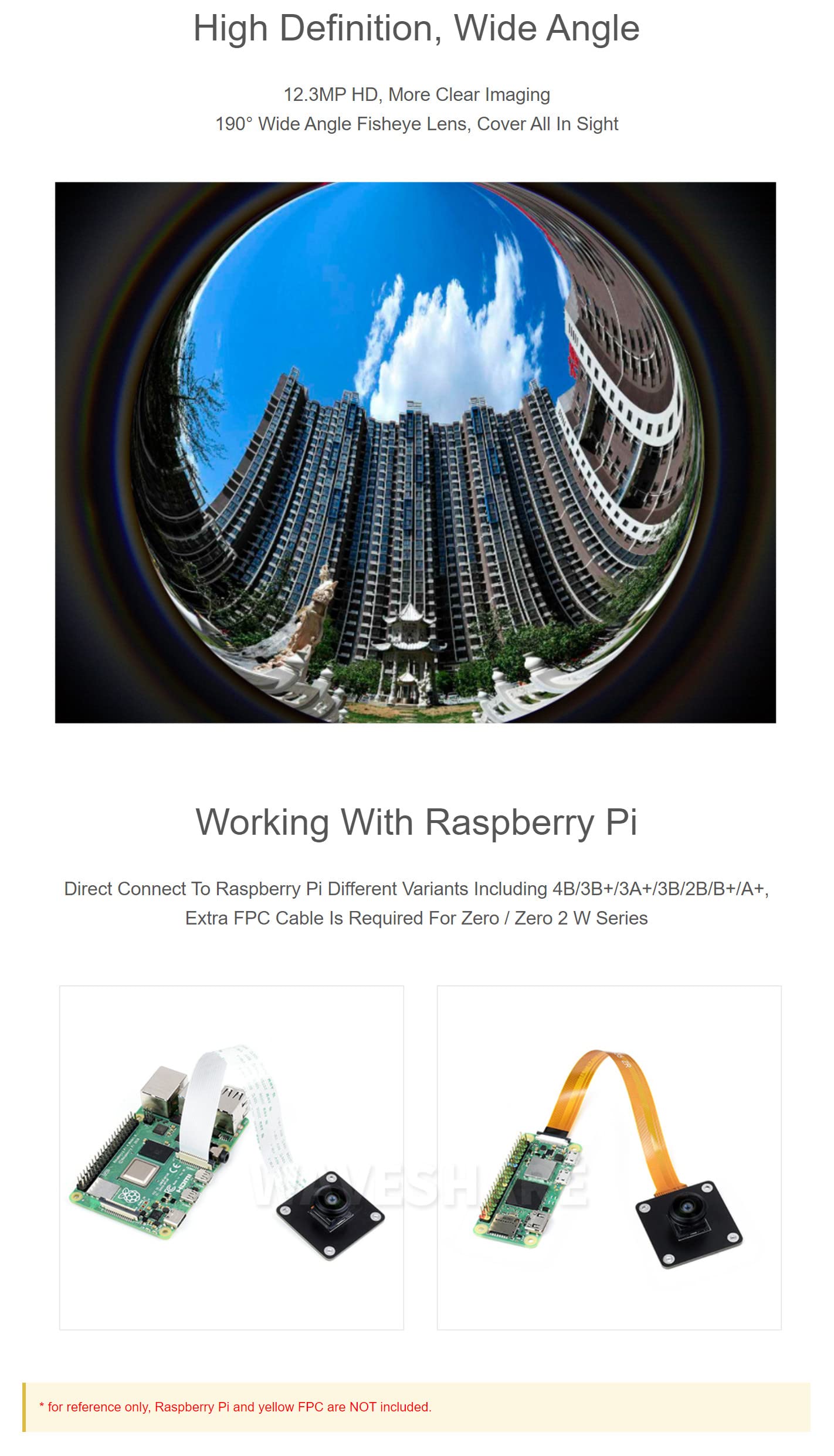 IMX378-190 Fisheye Lens Camera For Raspberry Pi Series Board, 190° Wide Angle Fisheye Lens, 12.3MP, Wider Field Of View