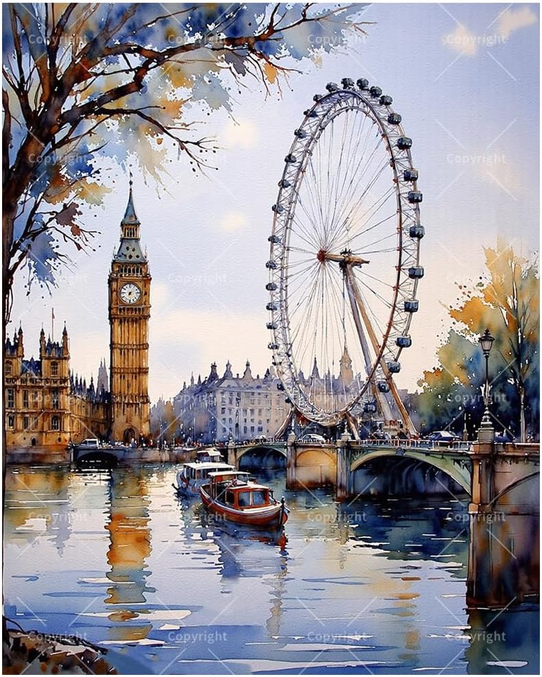 London River Scene Paint by Numbers Kit for Adults - DIY Big Ben and London Eye by Thames Painting on Canvas, Acrylic Paint Set for Beginners, Art for Home Decoration or Gifts(8X12IN Framed)