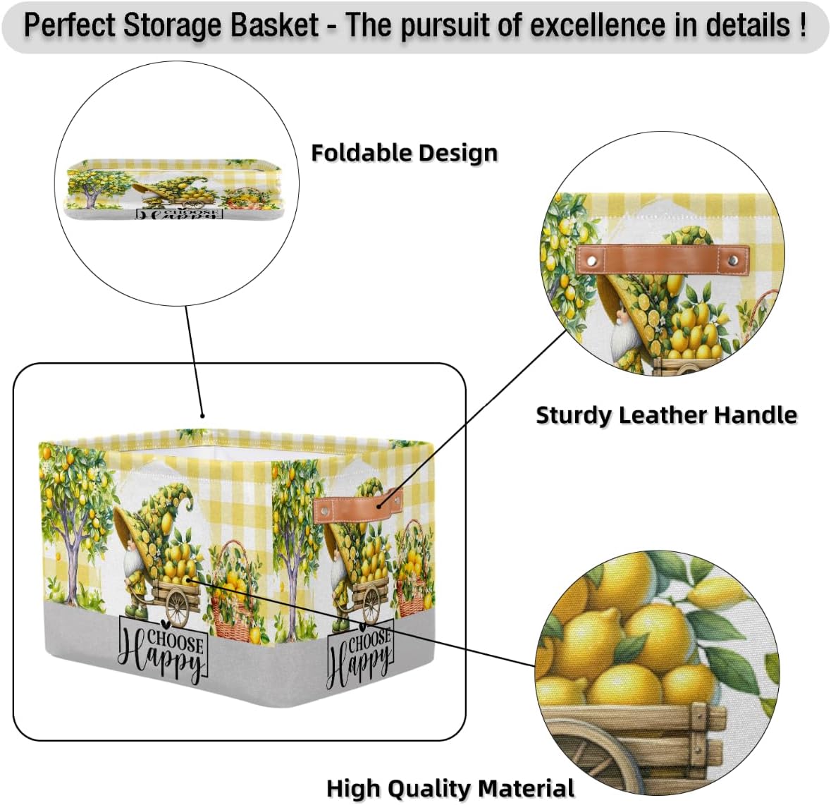 Small Storage Basket Gnome Yellow Lemon With Handles Kids Toy Storage Bin Collapsible Fabric Cube Storage Organizer Hamper for Nursery Living Room Bedroom Shelves Clothes Toy Box Gifts Decorate