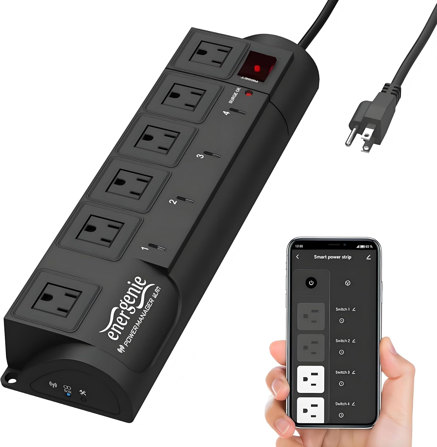 Smart Plug Power Strip, 6sockets with 2 Always on Outlets, WiFi Surge Protector Compatible with Alexa & Google Home,Wall Mountable,Home Office Multi-Plug Extender, Black