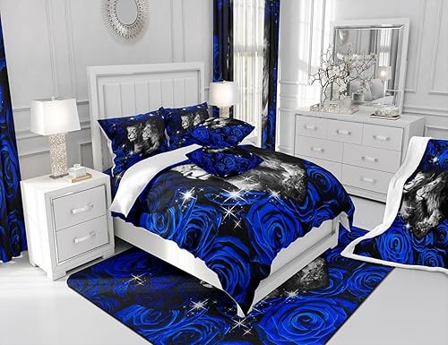 Miniatura 6 de Manfei Juego de funda de edredón de león en 3D, tamaño individual, funda de edredón de flores de rosa azul con 1 funda de almohada, juego de ropa de