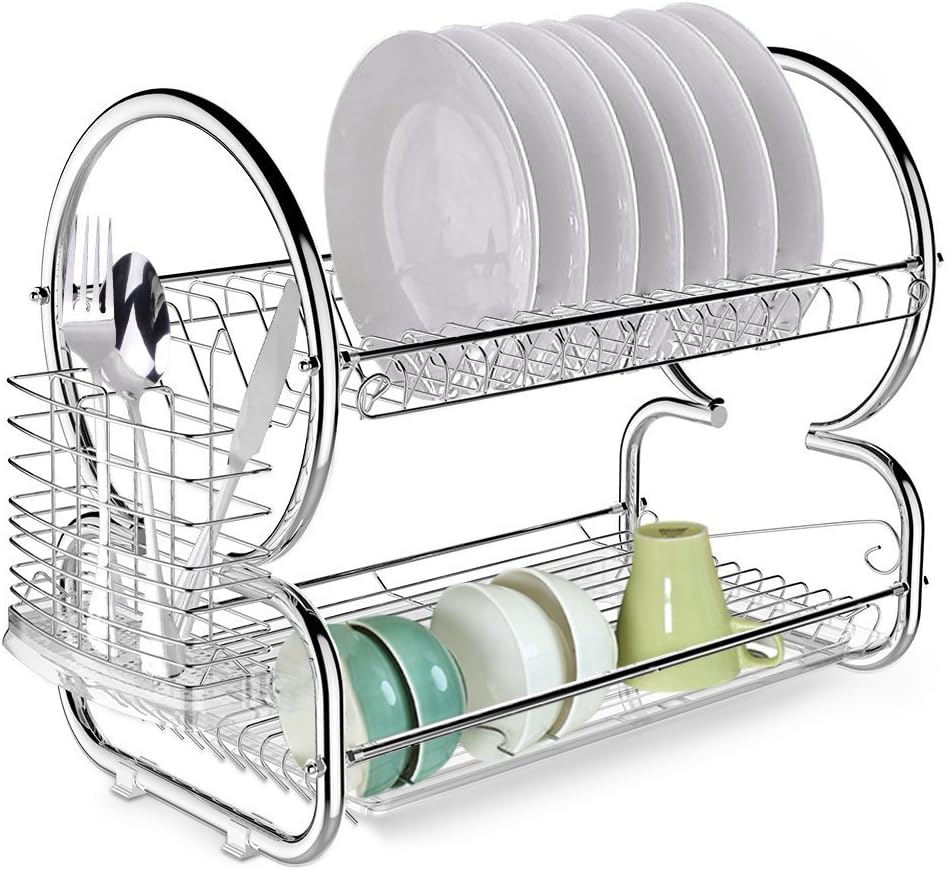 loukou 2-Tier Dish Rack Drainer Kitchen Storage Stainless Steel Space Saver Dish Drying Rack