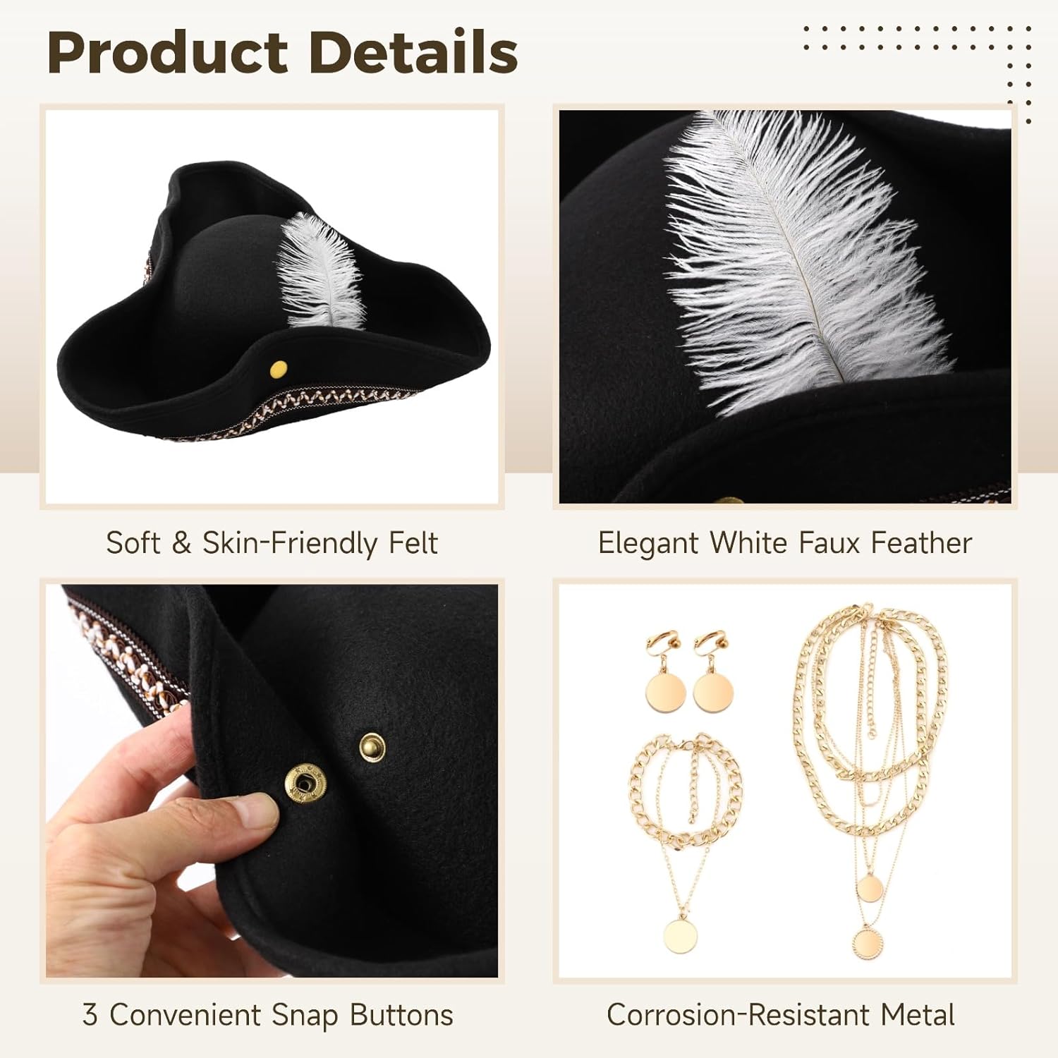 5 PCS Renaissance Pirate Costume Accessories Set, Women’s Tricorn Hat with Feather, Eye Patch, Layered Necklace, Bracelet, Earrings, Pirate Jewelry Set for Halloween, Cosplay, Themed Party, Carnival