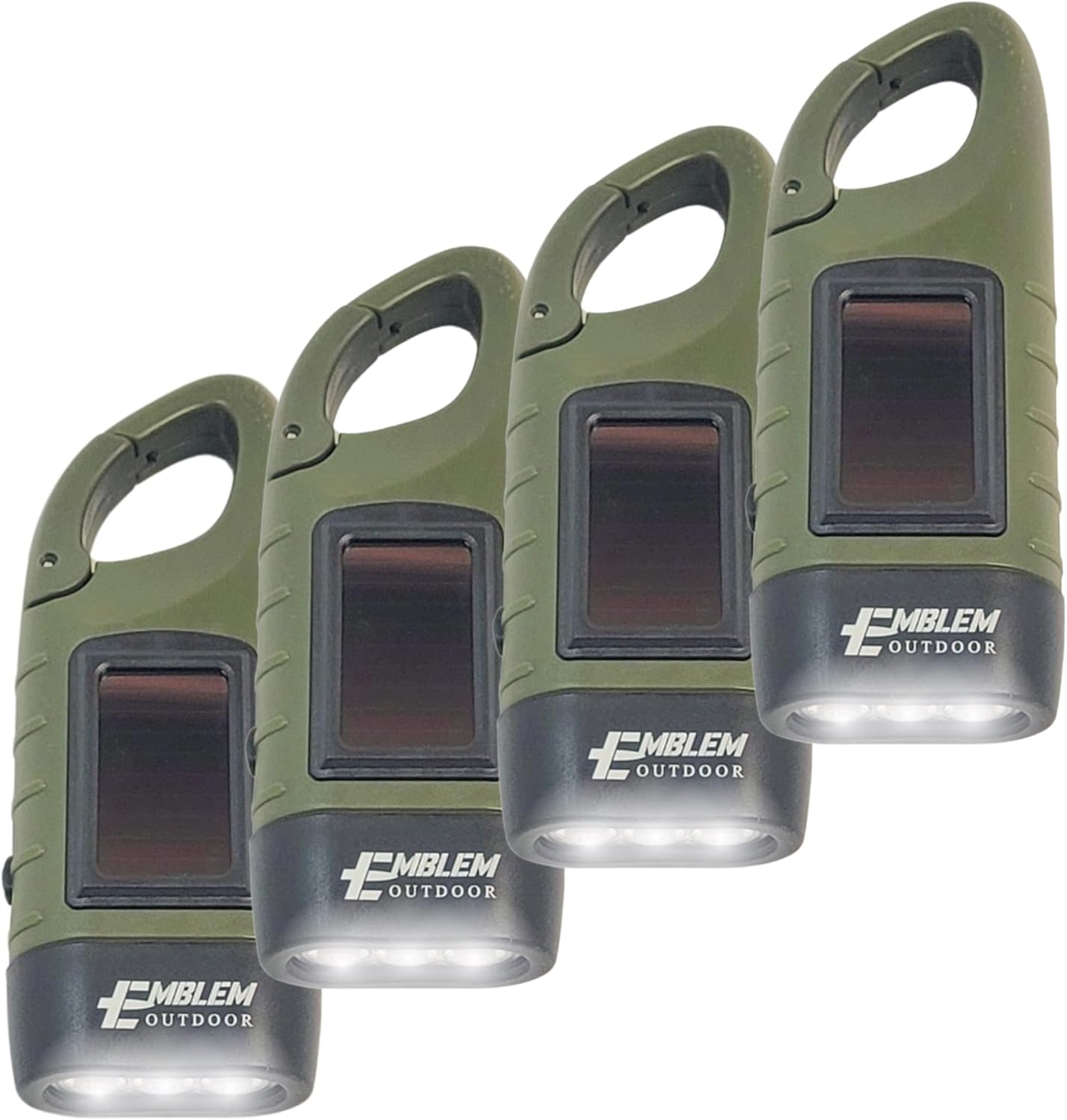 Emblem OD Hand Crank Solar Powered LED Flashlight, Emergency Rechargeable Survival Flashlight with Dynamo Crank and Carbiner Clip. Solar Rechargeable No Batteries Req. Go Bag Supplies. Green - 4 Pack