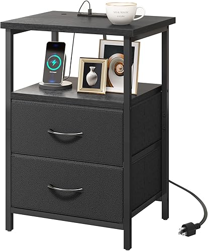 Miniatura 43 de Fixwal Mesita de noche con 3 cajones de tela, mesita de noche para dormitorio, mesita de noche con estación de carga, mesa auxiliar con Marrón