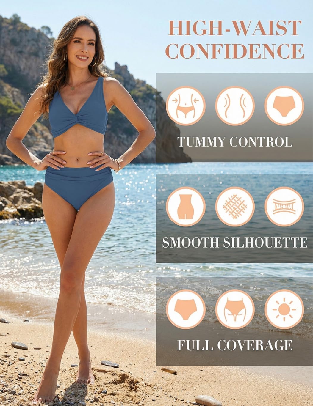 Yutdeng Bikini Mujer Braga Alta Bañador Dos Piezas Reductor Barriga Bikini Push Up con Relleno Crossover Cuello V Conjunto Bikini Alto Vientre Plano Traje de Baño Mujer 2 Piezas Ropa de Baño
