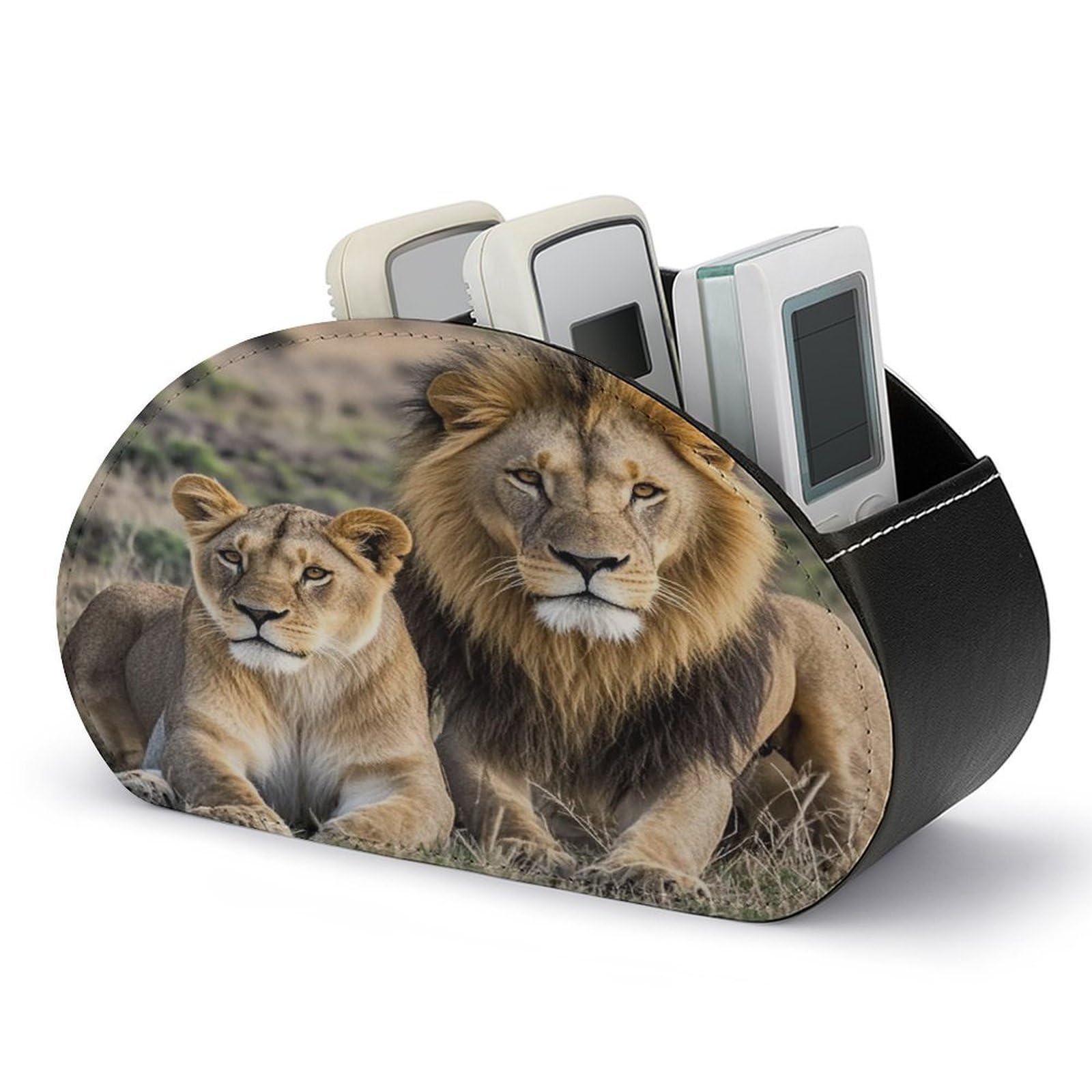 FekiLoot African Lion And Lioness TV Remote Control Holder with 5 Compartments Multi-functional Leather Bedside Table Remote Caddy Desktop Storage Box for Store Pen Controller Media Player Cosmetic