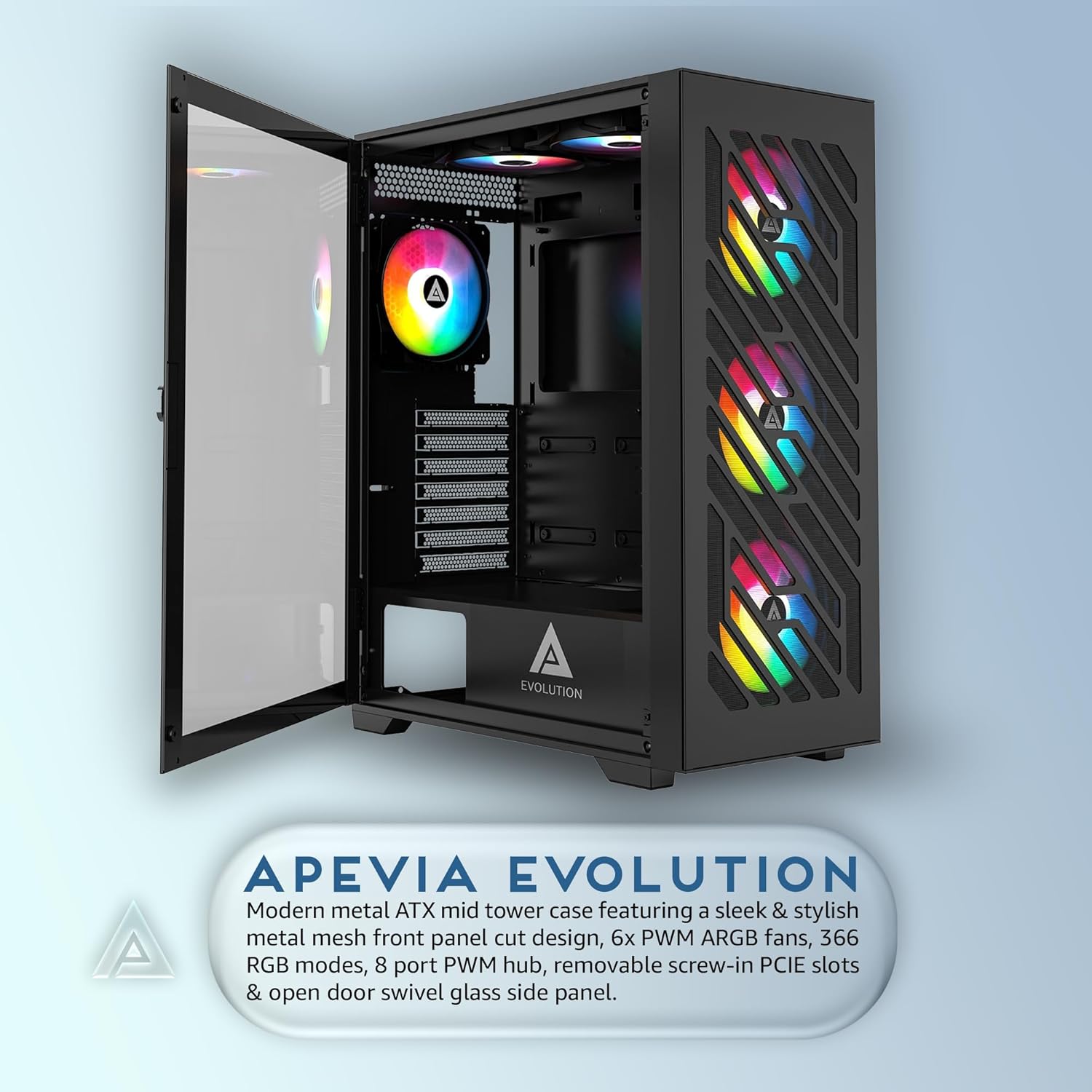 Apevia EVOLUTION-BK Evolution Mid Tower Gaming PC Case w/ 6x 120mm PWM ARGB Fans, 366 RGB Light Modes, 1x Metal Plate Mesh Front Panel, 1x Door Swivel Style Magnetic Glass Side Panel, 2x USB3.0, Black