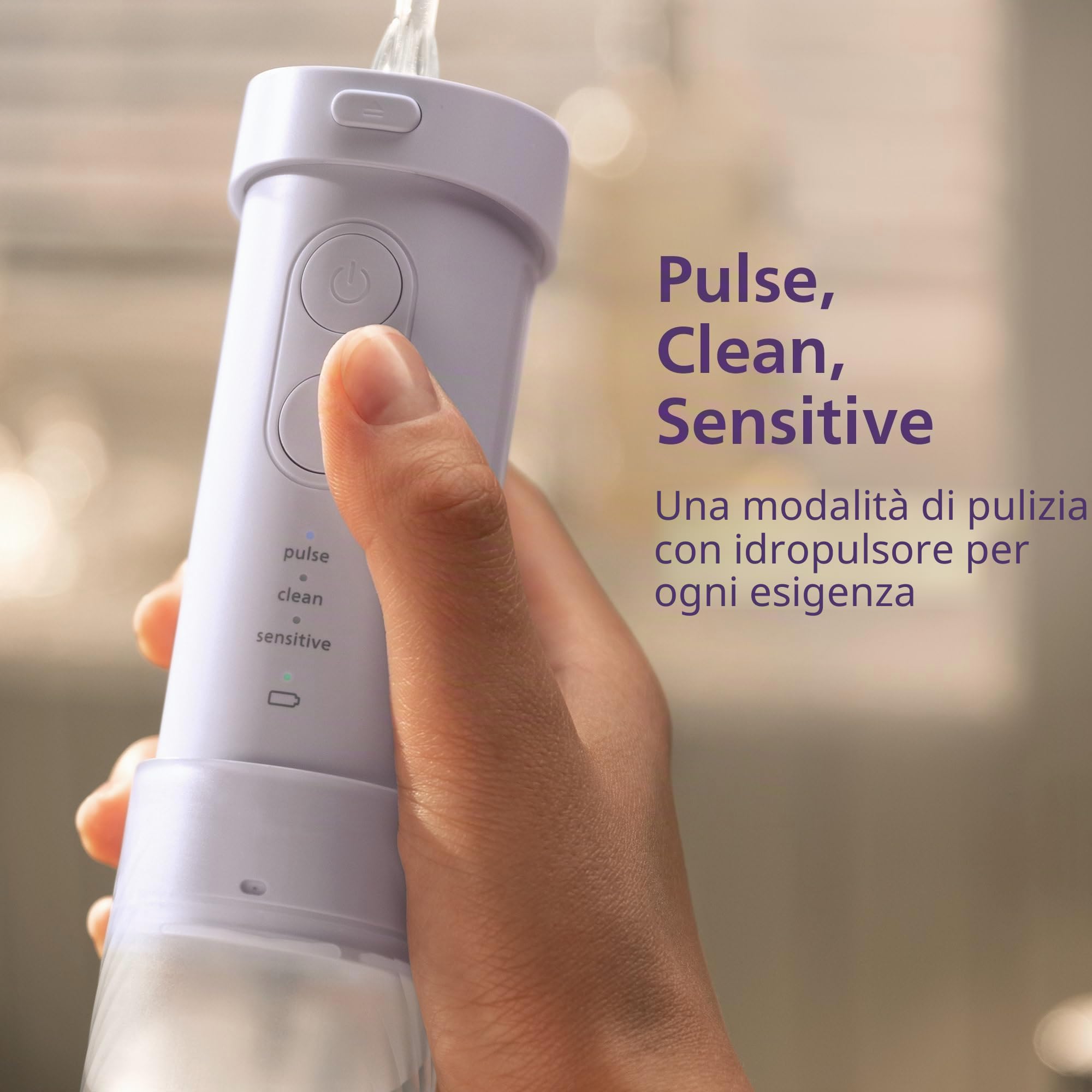 Philips Sonicare Flosser compatto 1000, idropulsore portatile con 3 modalità di filo interdentale, irrigatore orale impermeabile IPX7, adatto ai viaggi, viola, modello HX3333/23