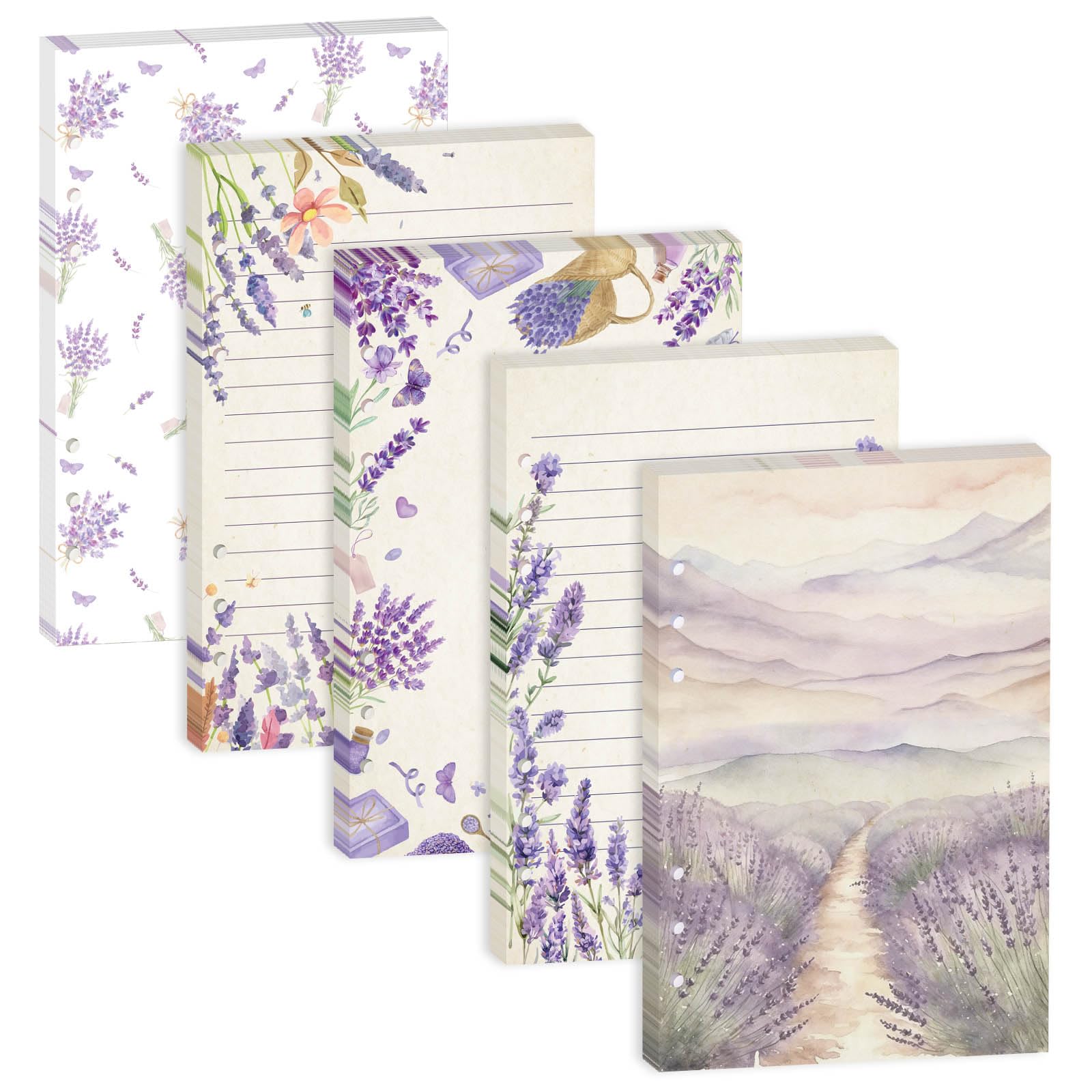 Papel de recambio para planificador A5 de lavanda vintage, 100 hojas de 120 g/m² de grosor, 6 agujeros, forradas y en blanco, papel de relleno de hojas sueltas para carpeta A5 de 6 anillos