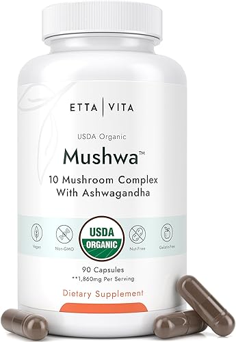 USDA Organic Lions Mane Suplemento Cápsulas con Ashwagandha, Chaga, Reishi, Cordyceps, cola de pavo (18,600 mgserv), 10 complejos adaptogénicos de