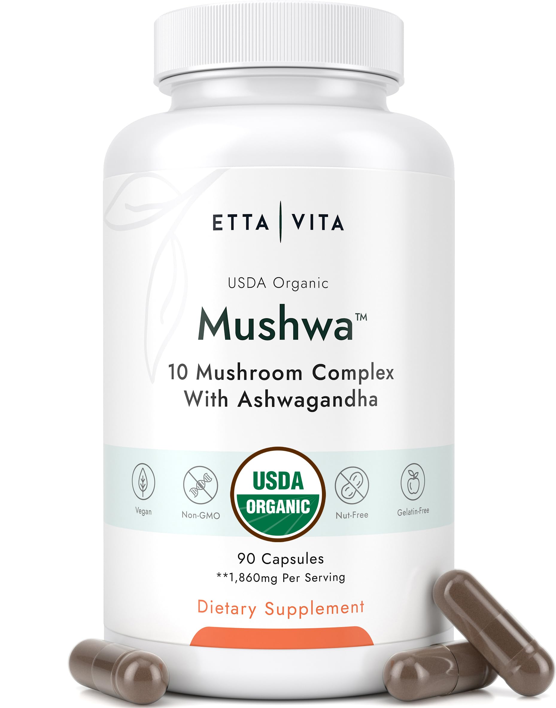USDA Organic Lions Mane Supplement Capsules with Ashwagandha, Chaga, Reishi, Cordyceps, Turkey Tail (18,600mg/serv) 10x Adaptogenic Mushroom Complex as Focus Supplement - Energy, Immunity & Nootropic