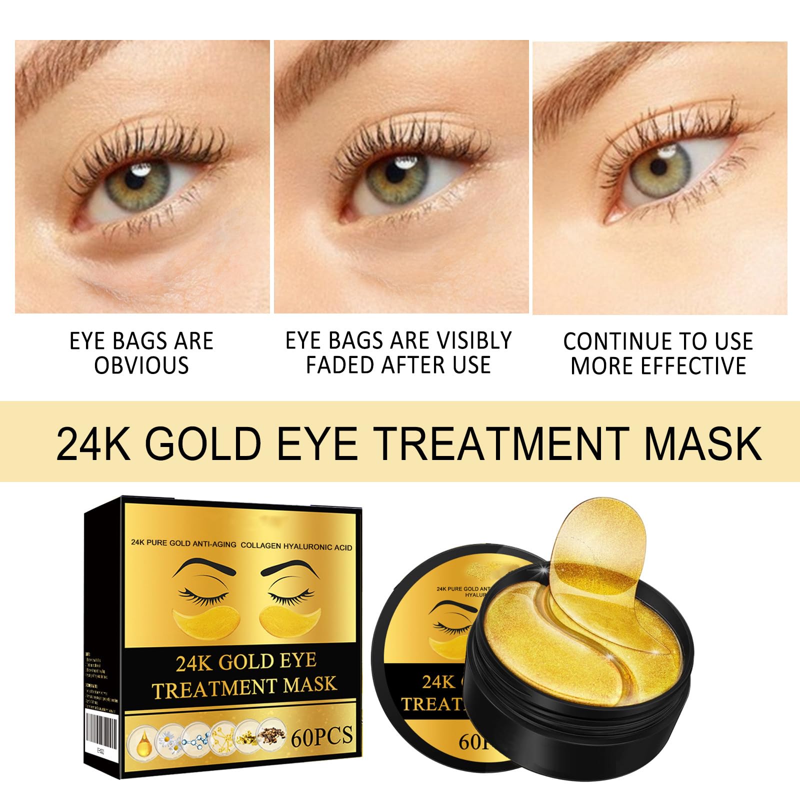 24-Karat-Gold-Augenpads, Hydrogel-Augenpads mit 24-Karat-Gold, Kollagen-Augenklappen gegen geschwollene Augen und Augenringe, revitalisierende und straffende Gelpads für die Augenpartie (8 Schachteln)