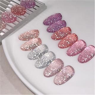 GAOY Glitter Jelly Gel Nail Polish, 6 Colors Pink Purple Silver Holographic Sparkling Crushed Diamond Set, Soak Off UV Gel for Nail Art, Pastel Prism