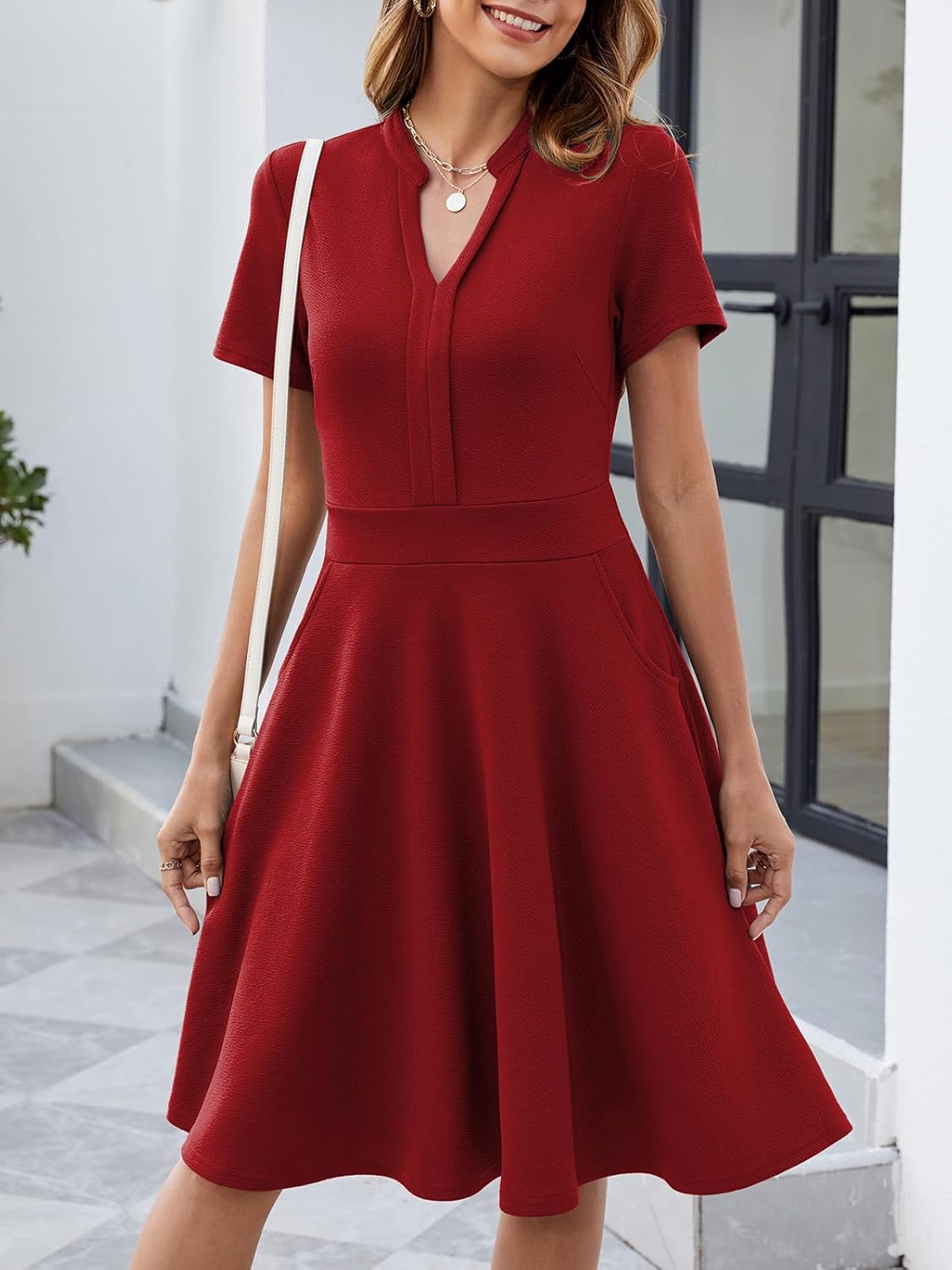 Mokayee Womens Summer Short Sleeve V Neck Fit and Flare Semi Formal Work Wedding Guest Dresses with Pockets - Image 2